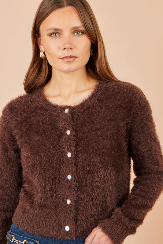 Yumi Brown Eyelash Knit Cropped Cardigan Knit Cardigan Yumi