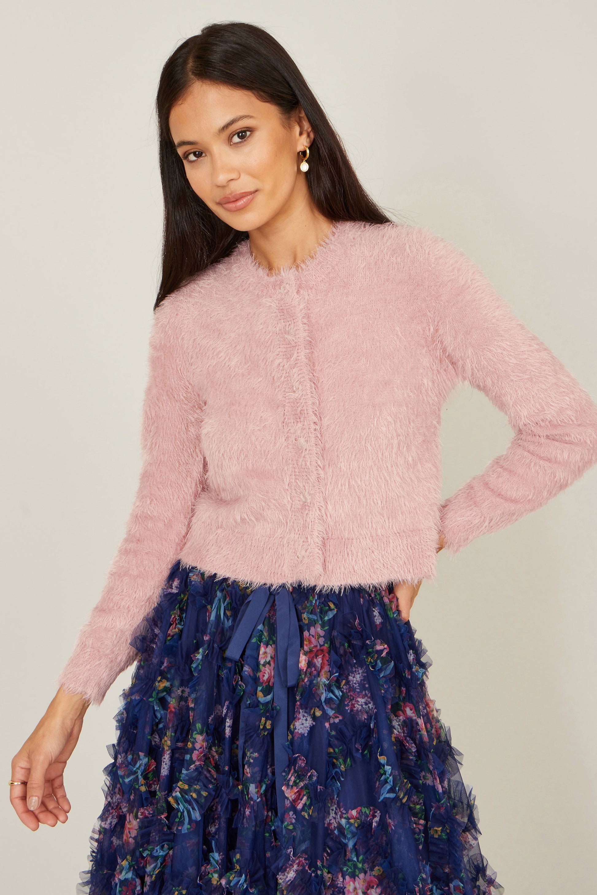 Yumi Pink Eyelash Knit Cropped Cardigan Knit Cardigan Yumi
