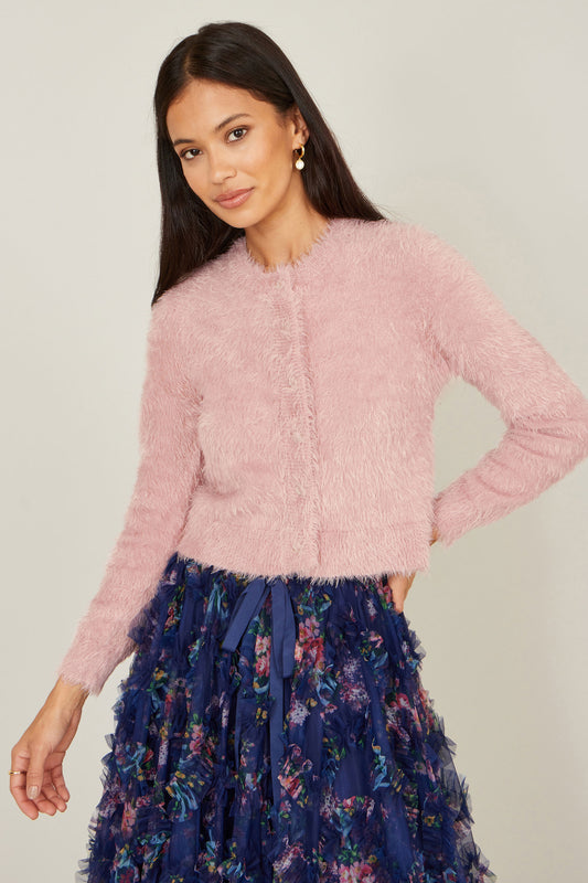 Yumi Pink Eyelash Knit Cropped Cardigan Knit Cardigan Yumi