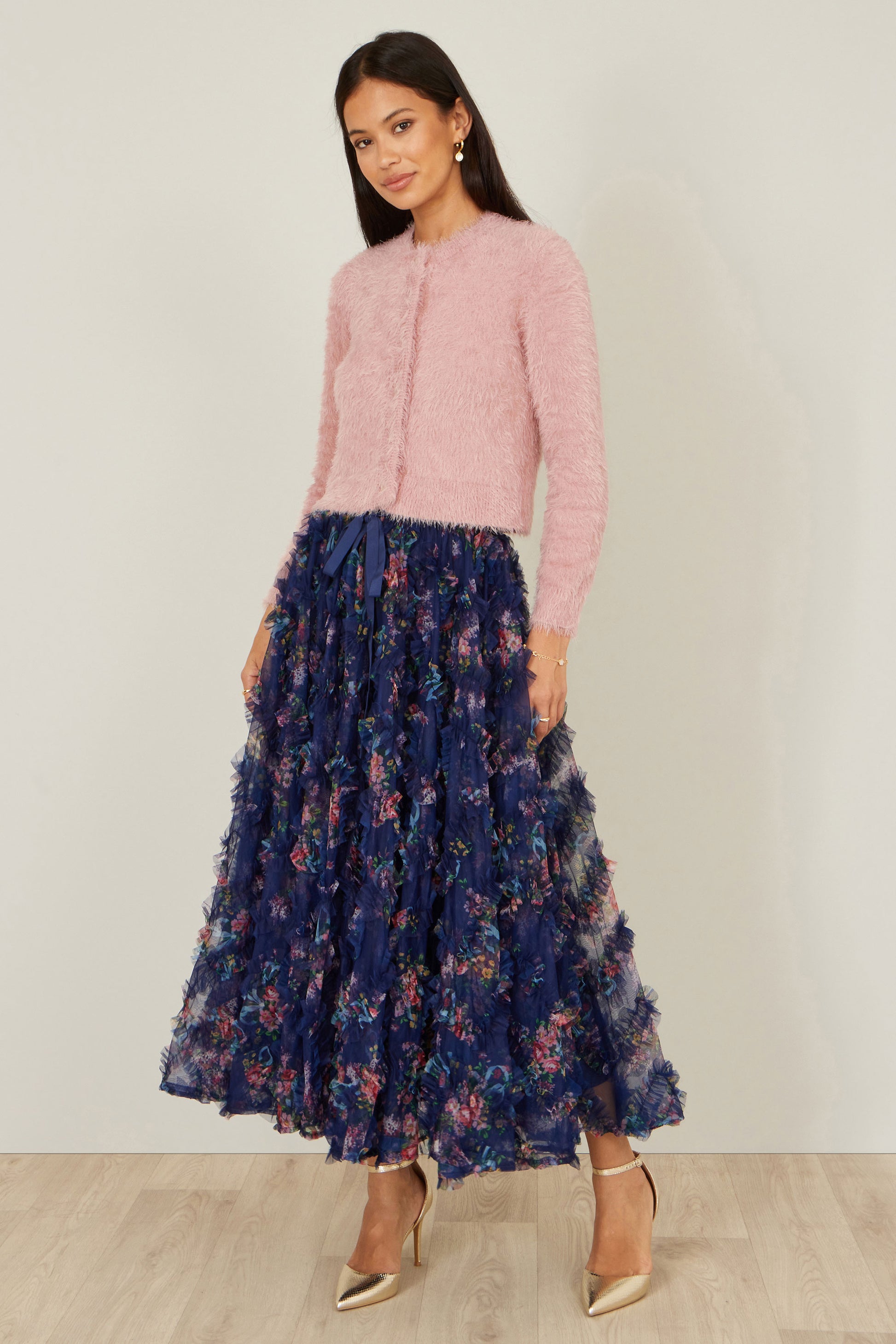 Yumi Pink Eyelash Knit Cropped Cardigan Knit Cardigan Yumi