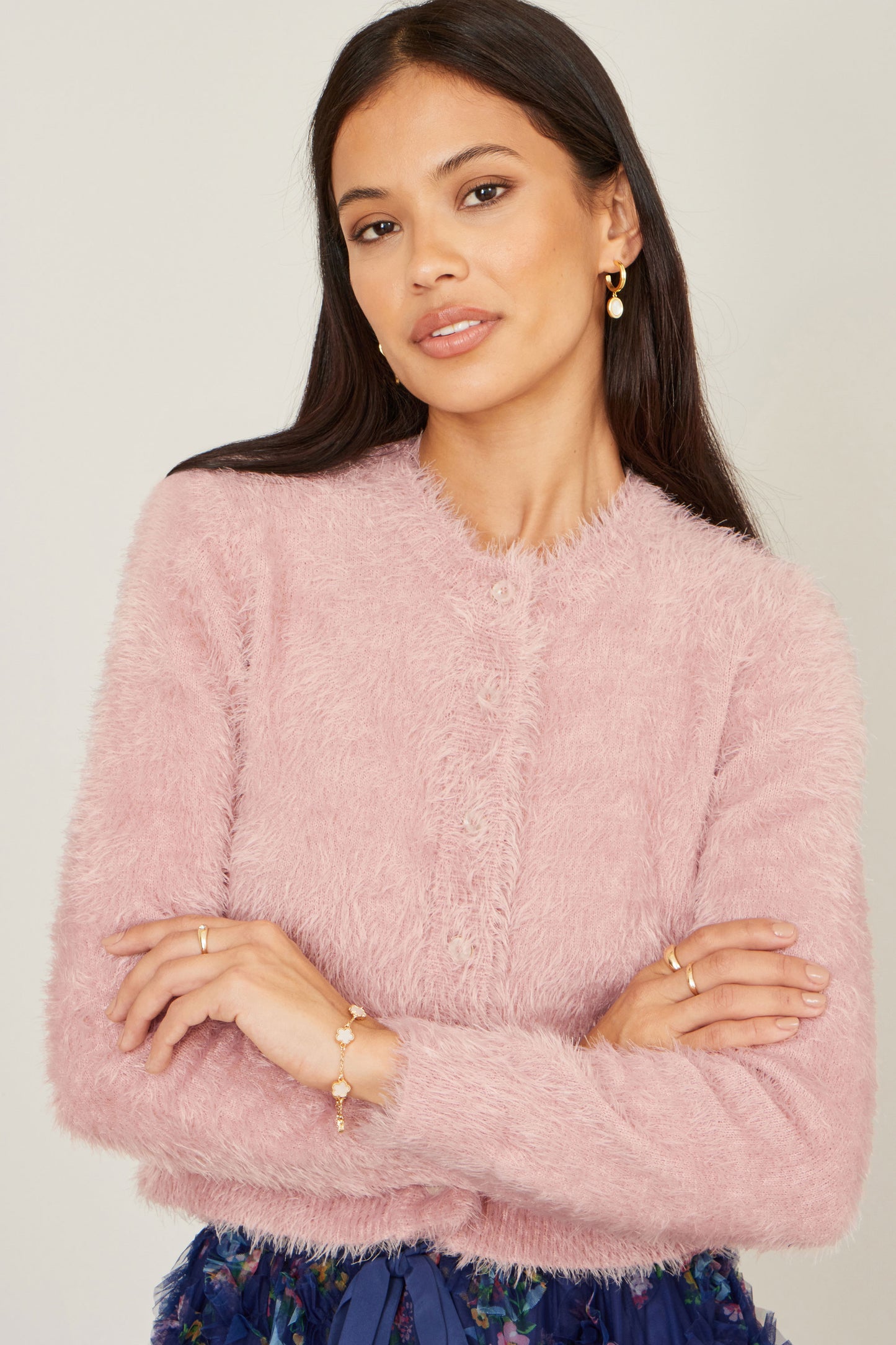 Yumi Pink Eyelash Knit Cropped Cardigan Knit Cardigan Yumi