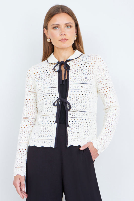Yumi Ivory Crochet Knitted Cardigan With Peter Pan Collar Knit Cardigan Yumi