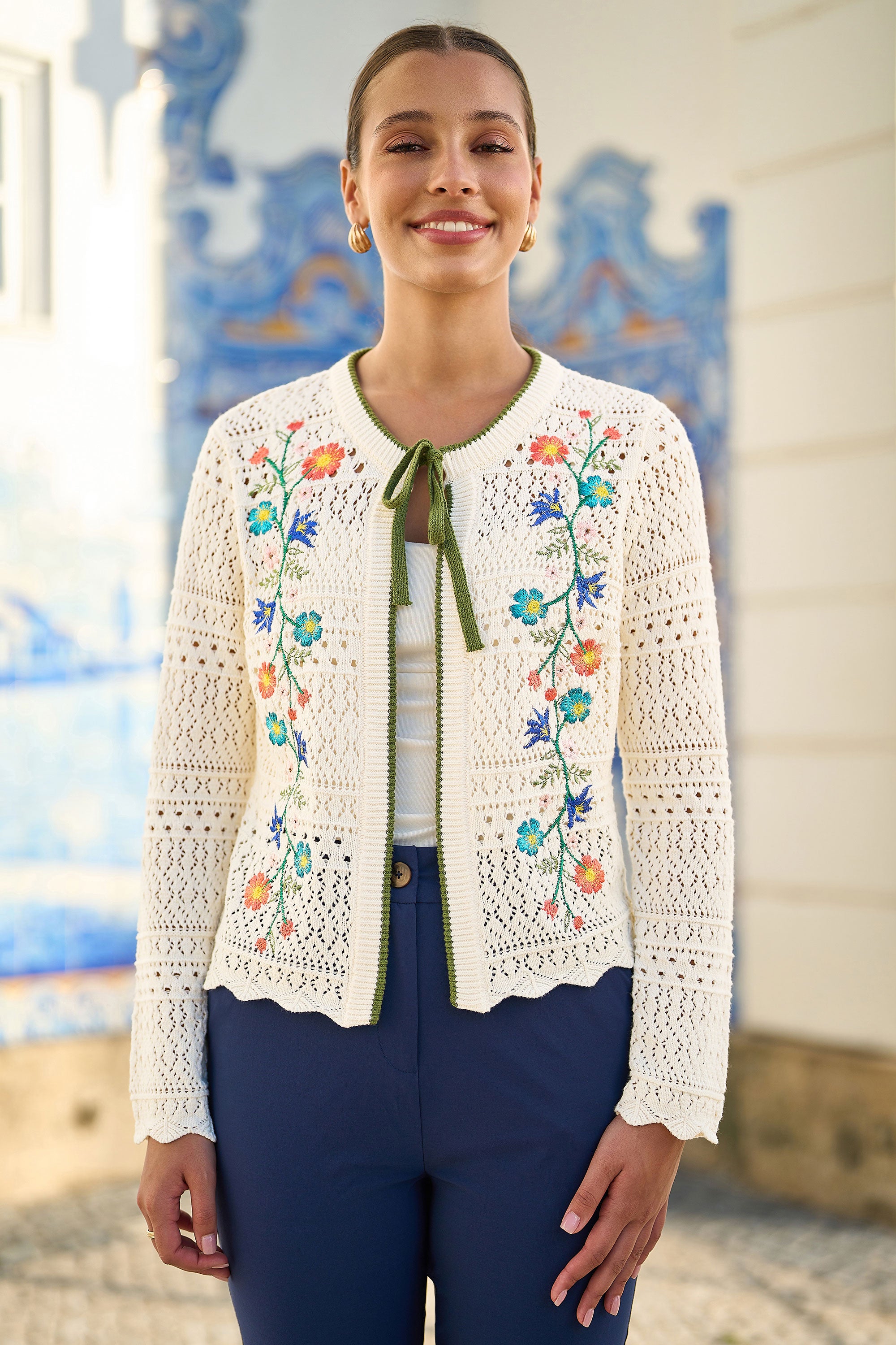 Yumi Ivory Crochet Knitted Tie Front Cardigan With Floral