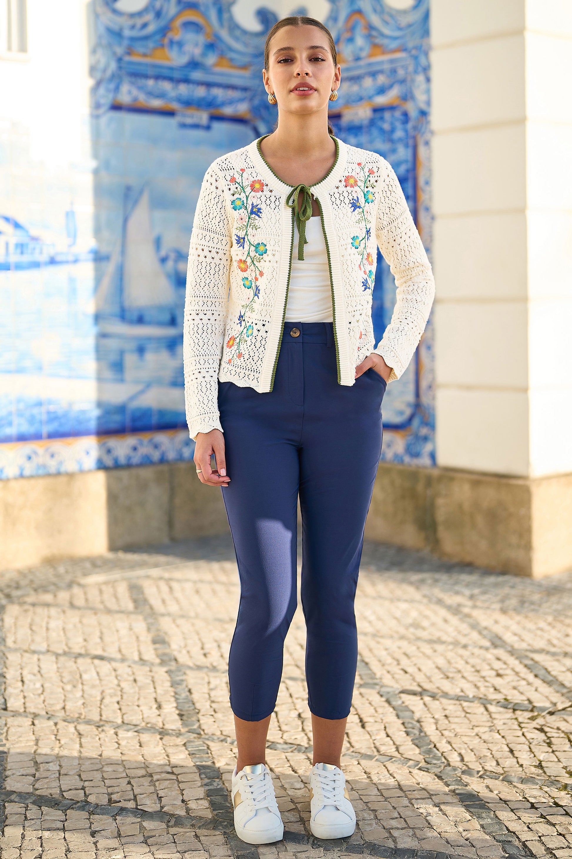 Yumi Ivory Crochet Knitted Tie Front Cardigan With Floral Embroidery Knit Cardigan Yumi