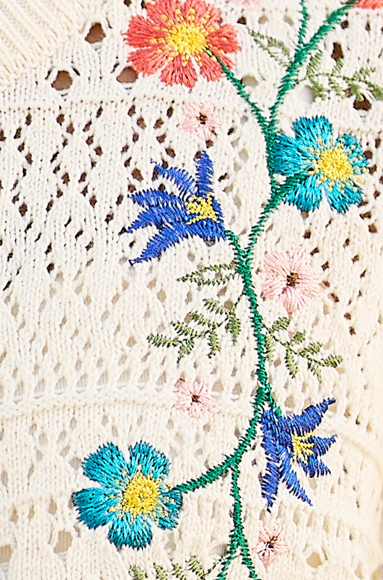 Yumi Ivory Crochet Knitted Tie Front Cardigan With Floral Embroidery Knit Cardigan Yumi