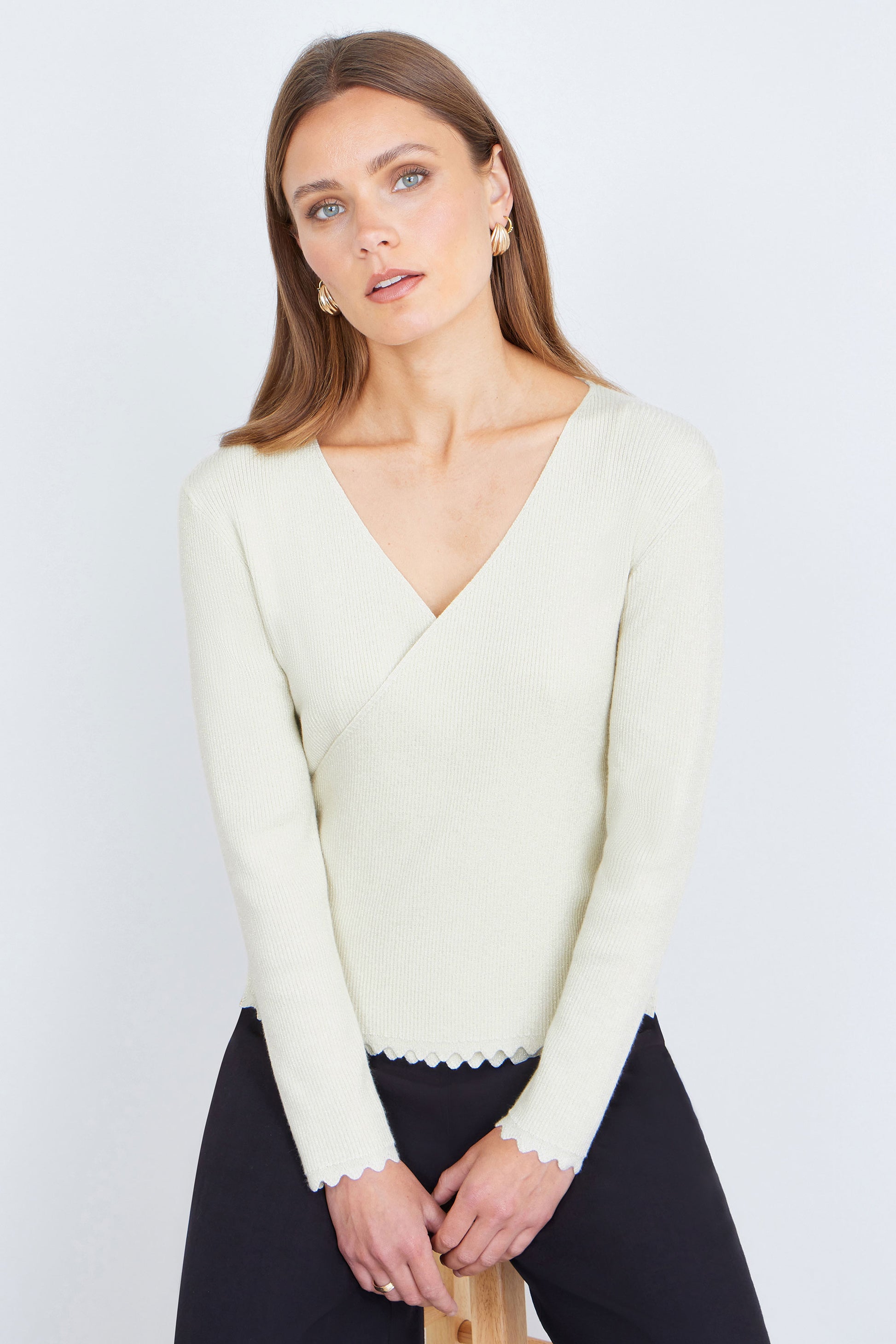 Yumi Ivory Metallic Thread Rib Wrap Knitted Top Knit Top Yumi