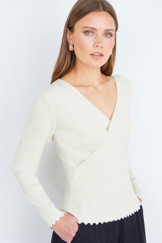 Yumi Ivory Metallic Thread Rib Wrap Knitted Top Knit Top Yumi
