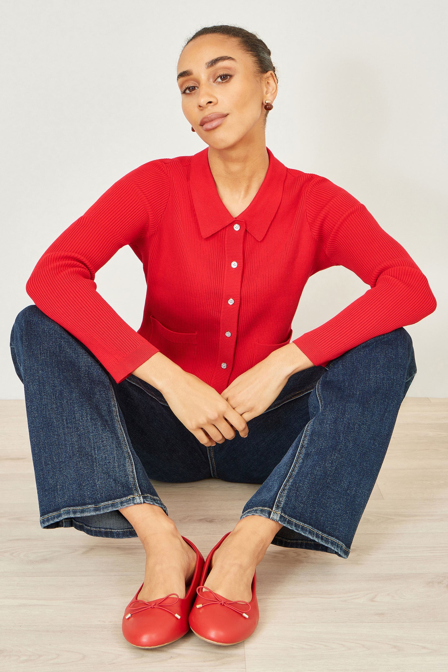Yumi Red Ribbed Collar Button Up Cardigan Knit Cardigan Yumi