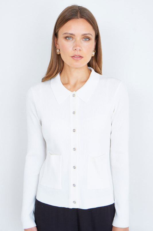 Yumi Ivory Ribbed Collar Button Up Cardigan Knit Cardigan Yumi