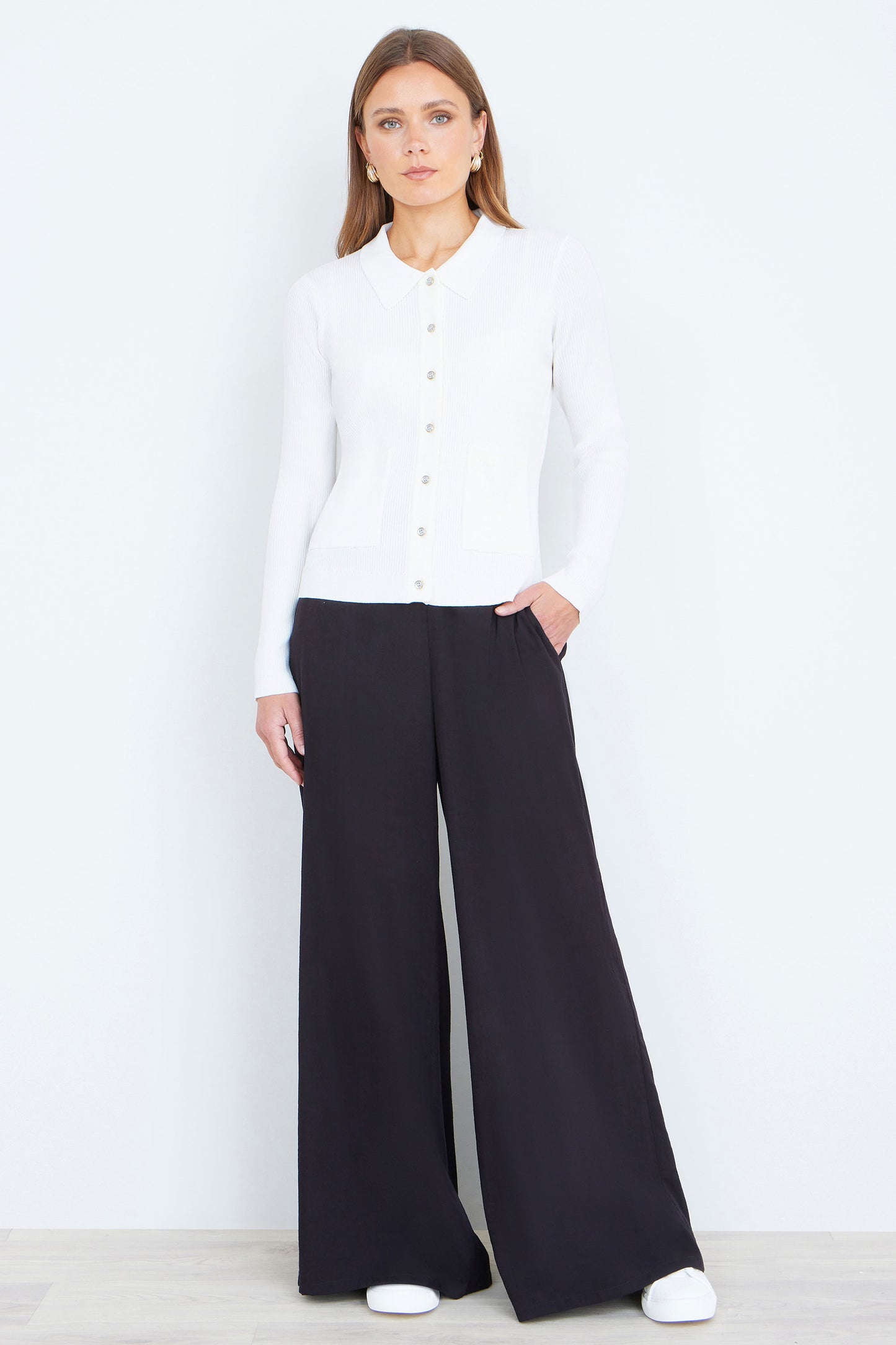 Yumi Ivory Ribbed Collar Button Up Cardigan Knit Cardigan Yumi