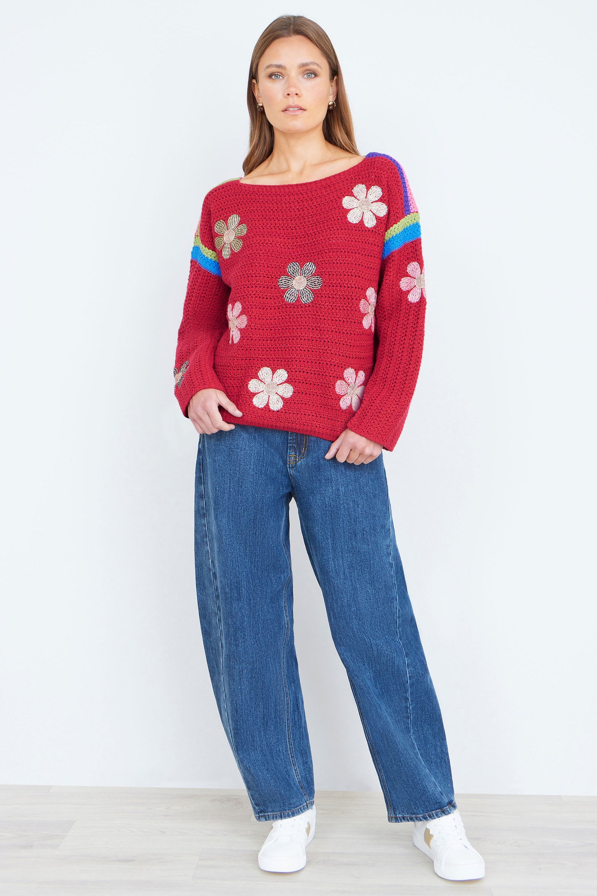 Yumi Red Crochet Flower Jumper Knit Jumper Yumi