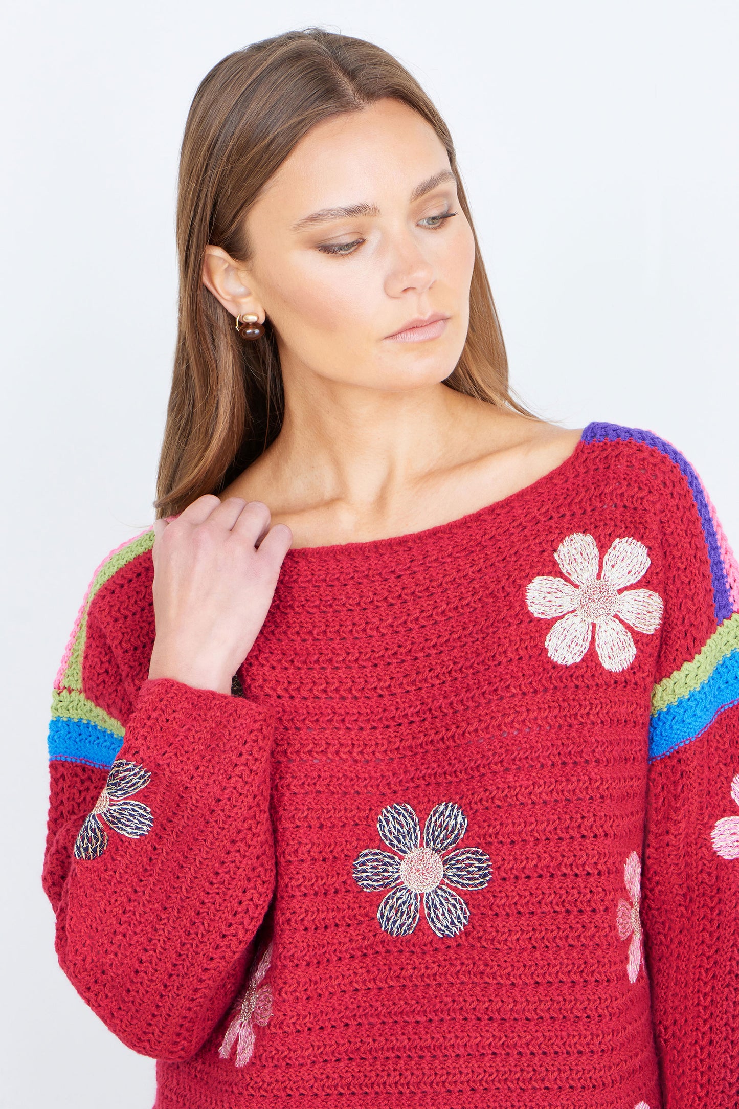 Yumi Red Crochet Flower Jumper Knit Jumper Yumi