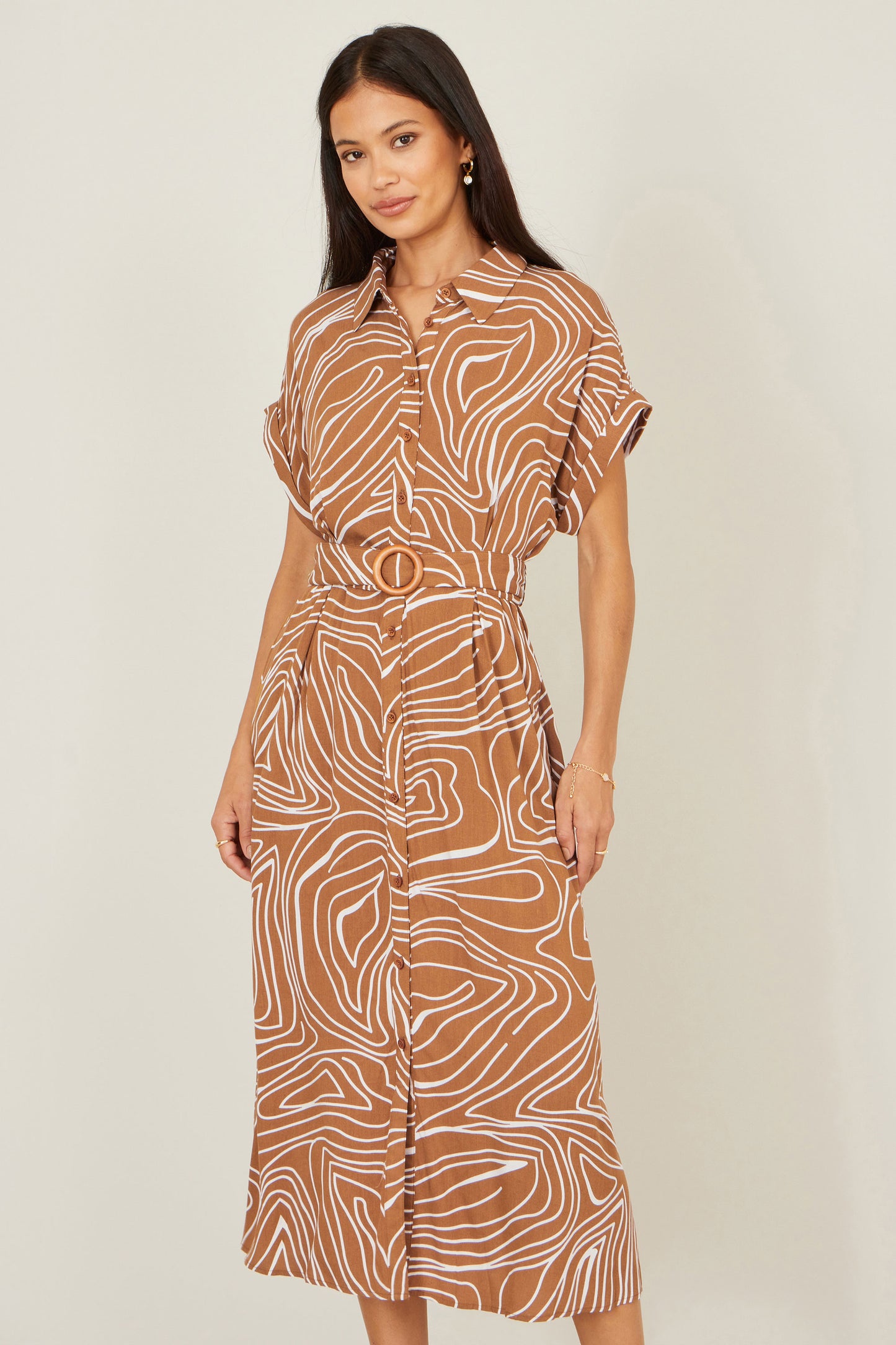 Yumi Brown Abstract Swirl Print Relaxed Midi Shirt Dress With Belt Dress Casual Yumi