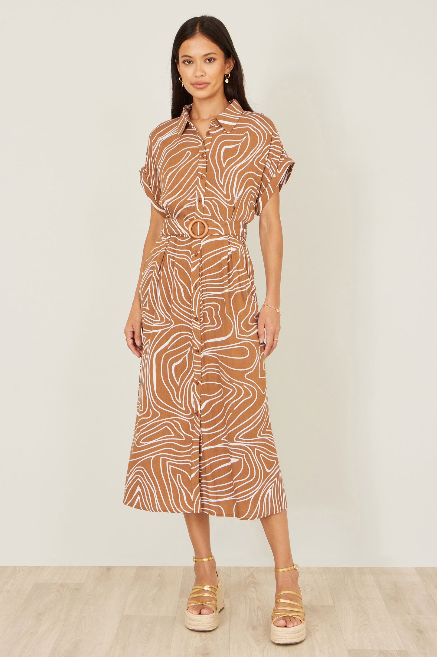 Yumi Brown Abstract Swirl Print Relaxed Midi Shirt Dress With Belt Dress Casual Yumi