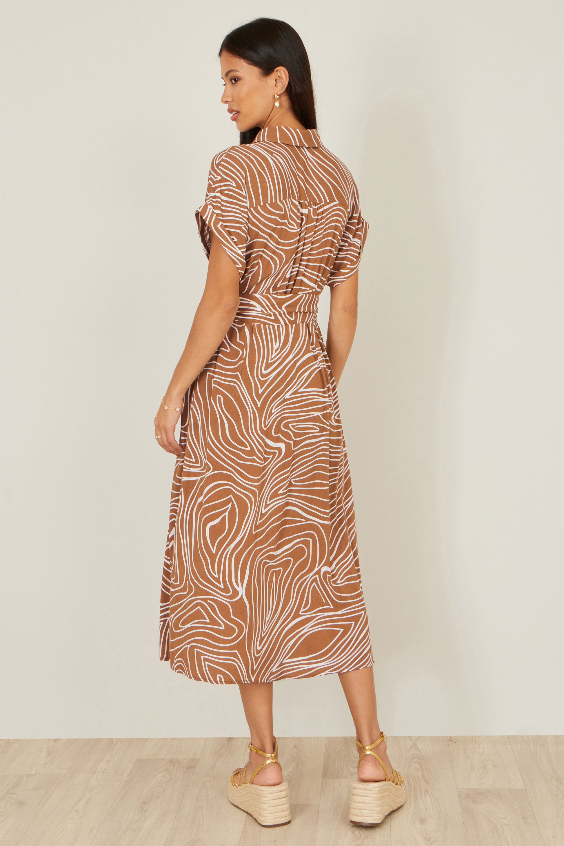Yumi Brown Abstract Swirl Print Relaxed Midi Shirt Dress With Belt Dress Casual Yumi
