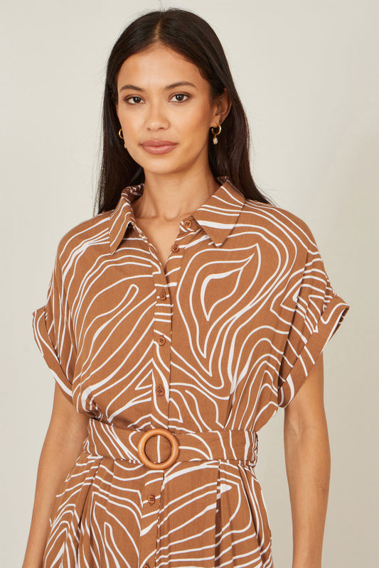 Yumi Brown Abstract Swirl Print Relaxed Midi Shirt Dress With Belt Dress Casual Yumi
