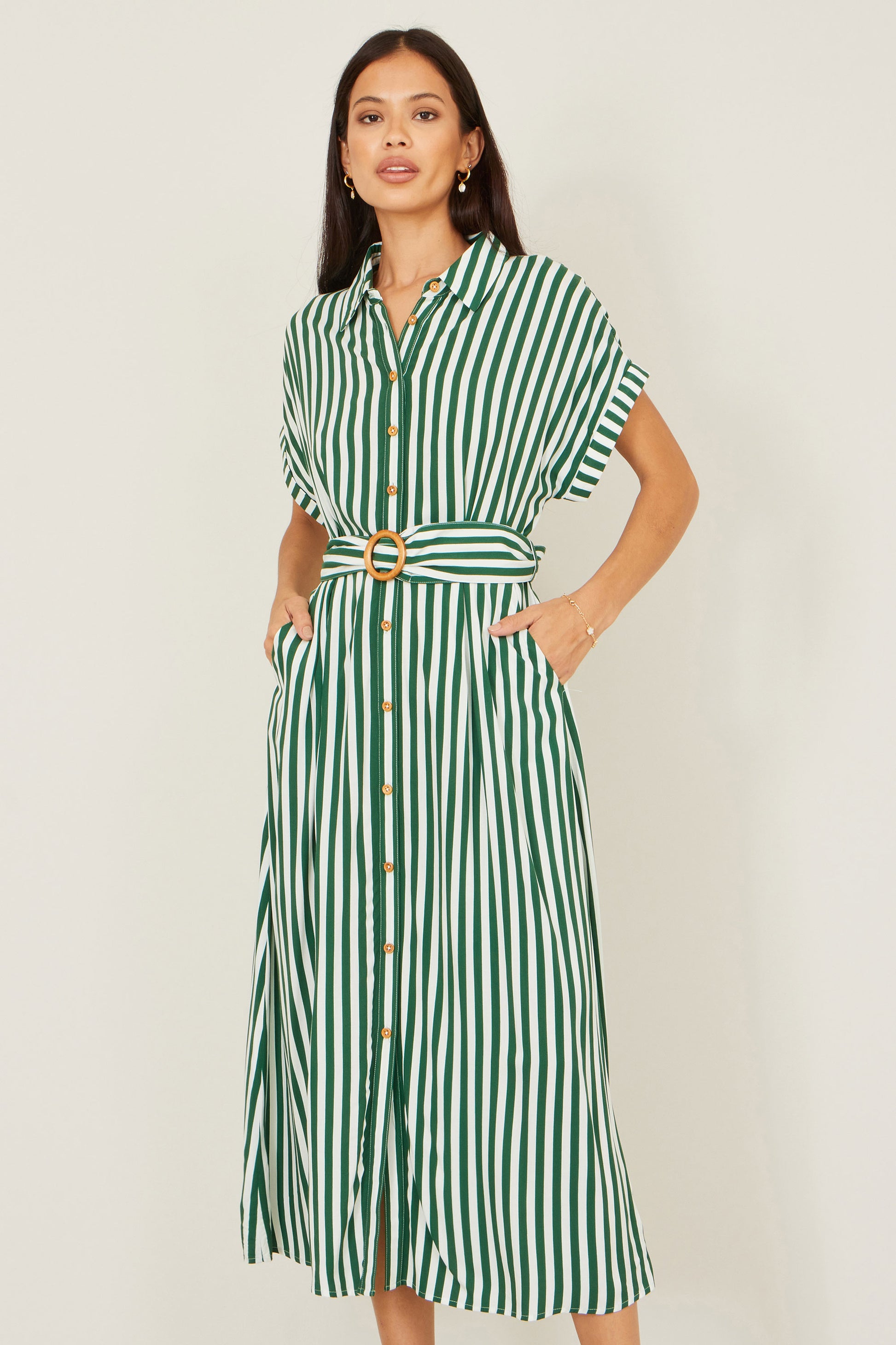 Yumi Green Stripe Print Relaxed Midi Shirt Dress With Belt Dress Casual Yumi