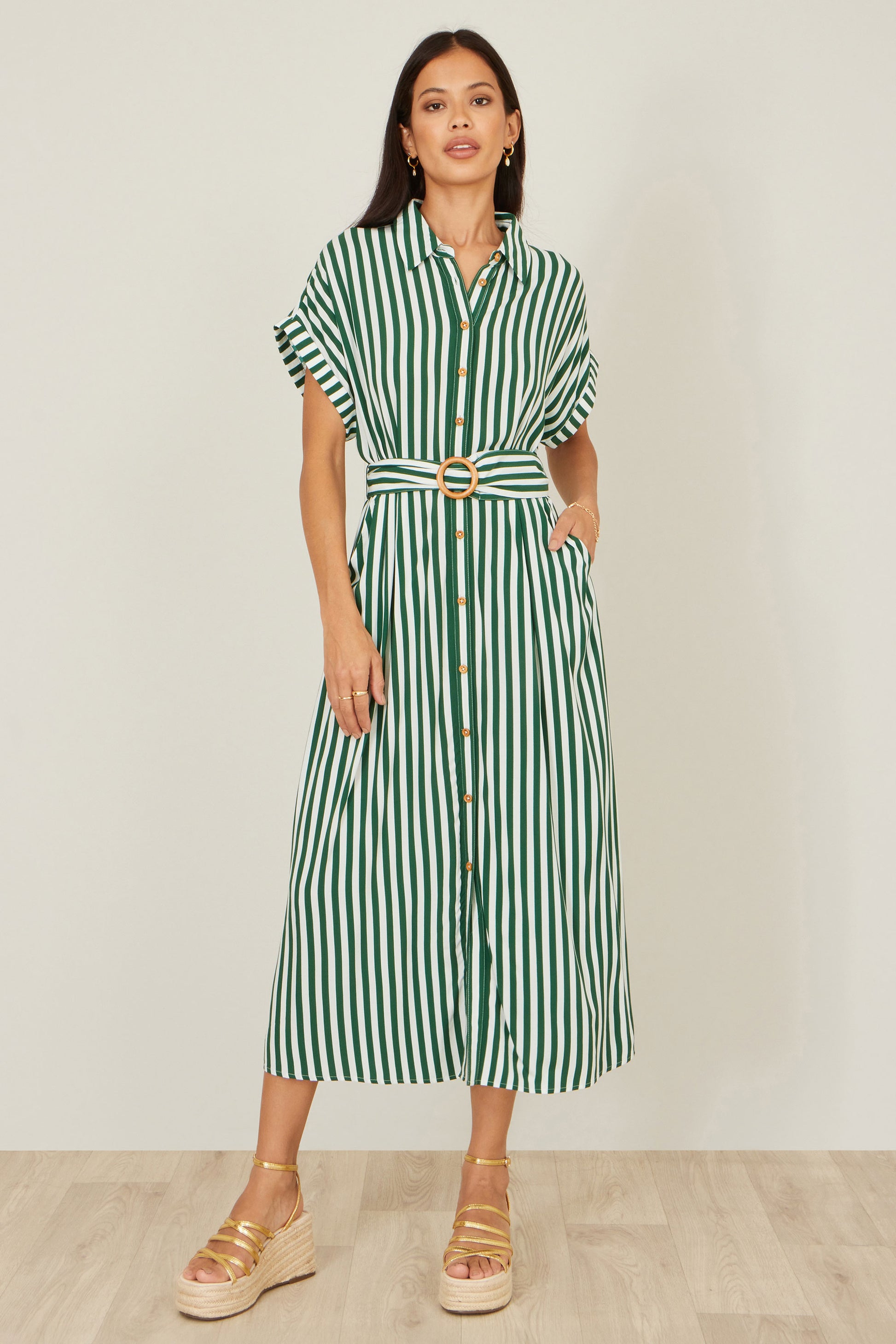Yumi Green Stripe Print Relaxed Midi Shirt Dress With Belt Dress Casual Yumi