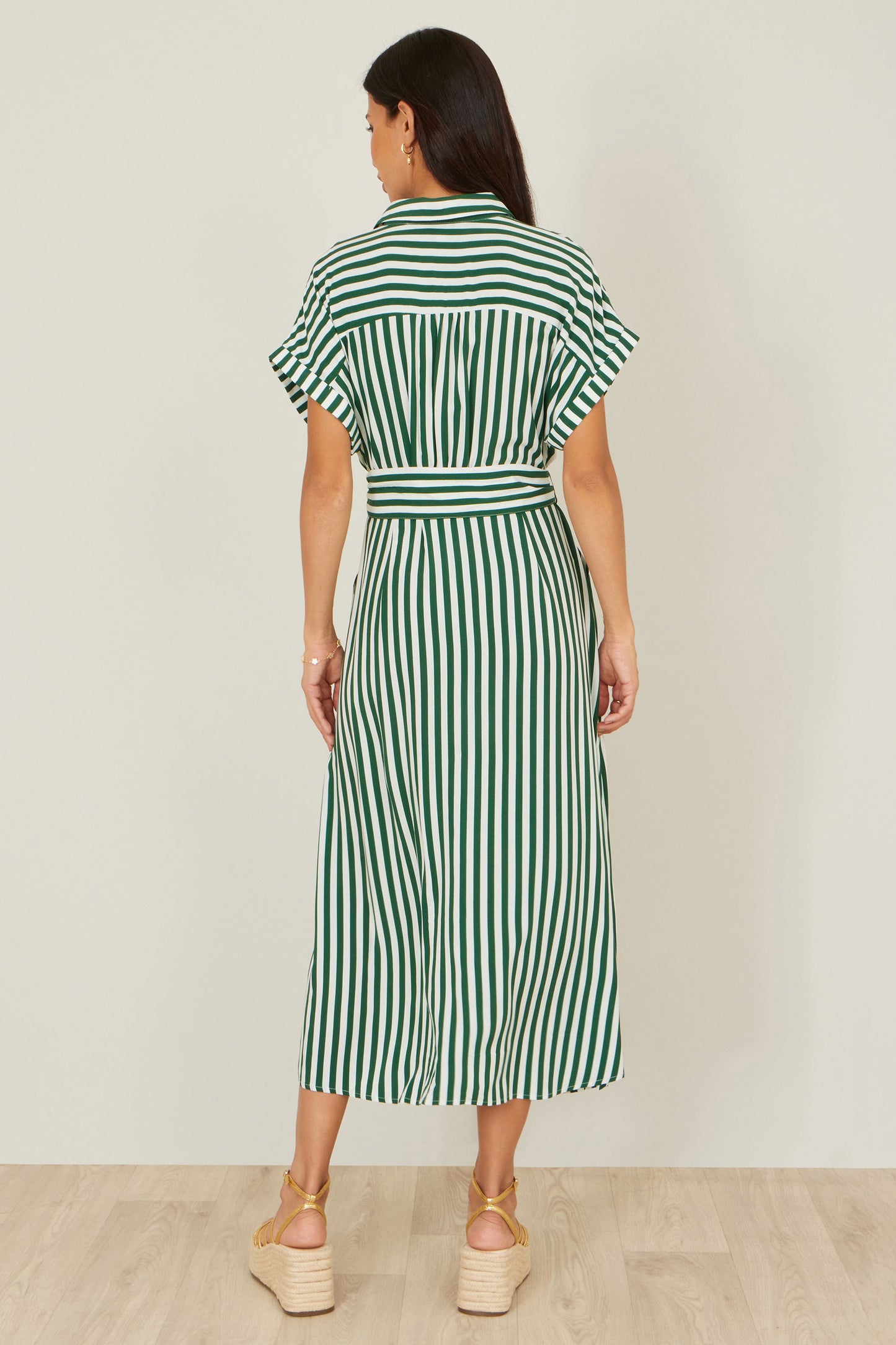 Yumi Green Stripe Print Relaxed Midi Shirt Dress With Belt Dress Casual Yumi