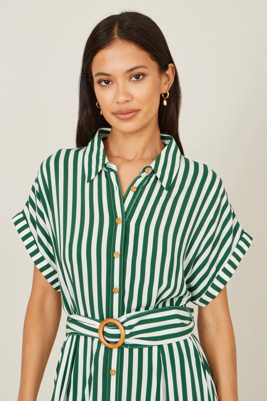 Yumi Green Stripe Print Relaxed Midi Shirt Dress With Belt Dress Casual Yumi