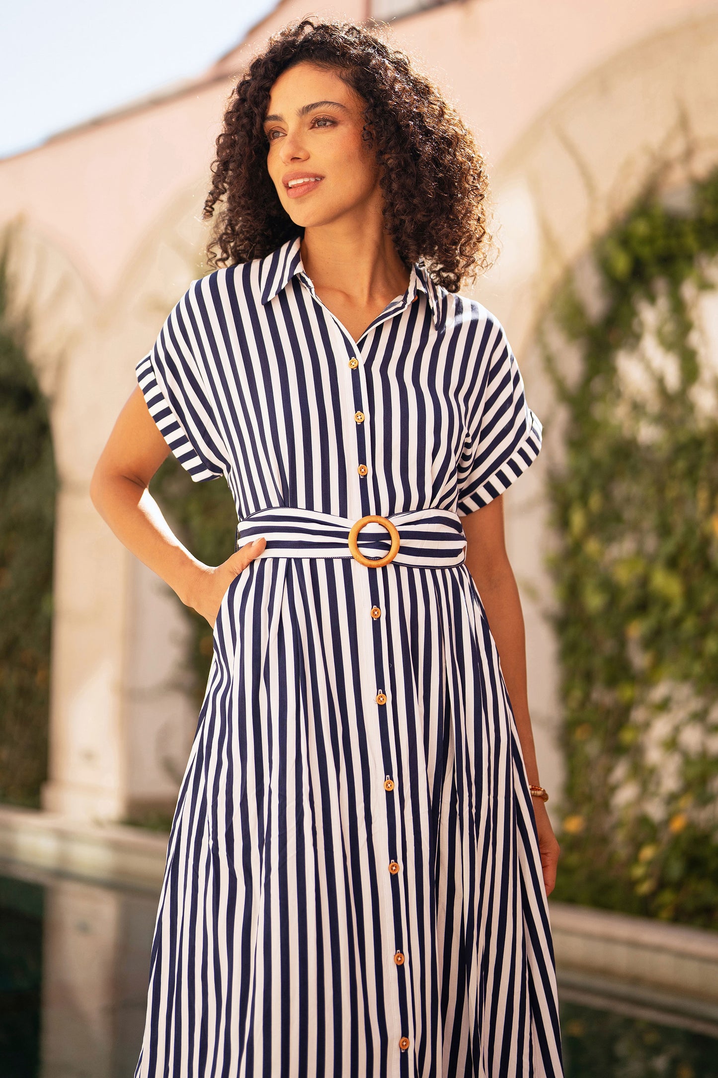 Yumi Navy Stripe Print Relaxed Midi Shirt Dress With Belt Dress Casual Yumi