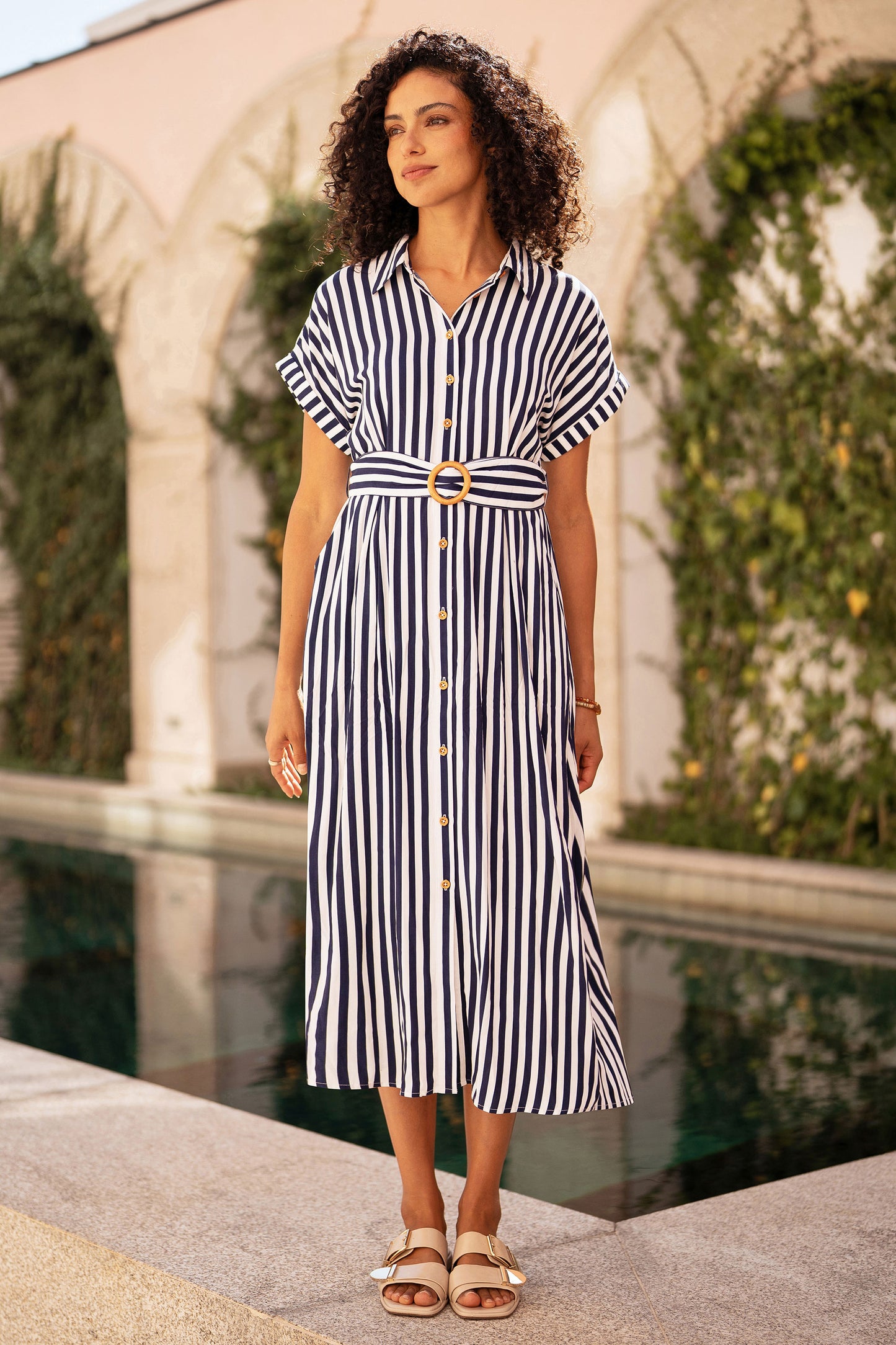Yumi Navy Stripe Print Relaxed Midi Shirt Dress With Belt Dress Casual Yumi
