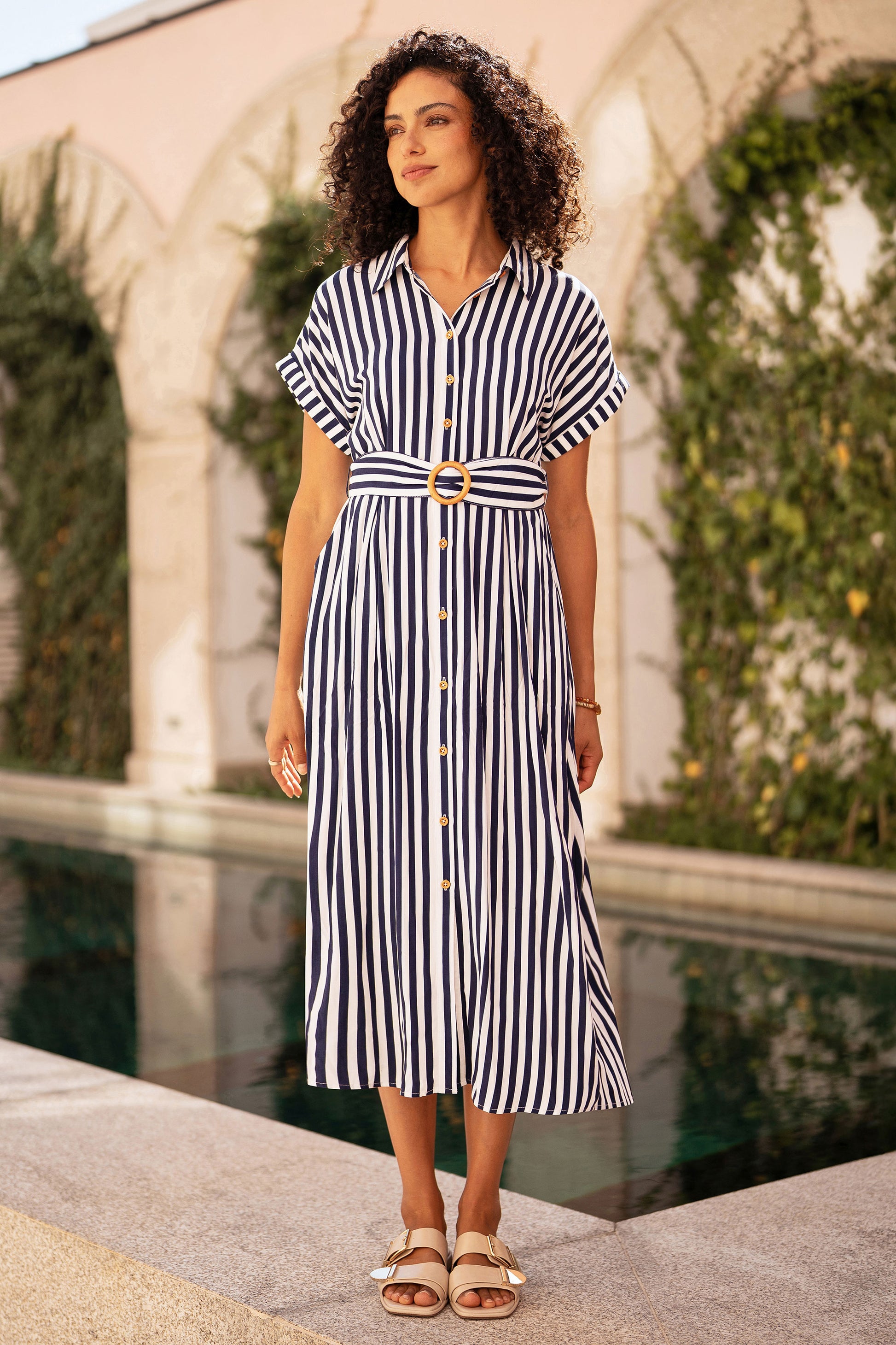 Yumi Navy Stripe Print Relaxed Midi Shirt Dress With Belt Dress Casual Yumi