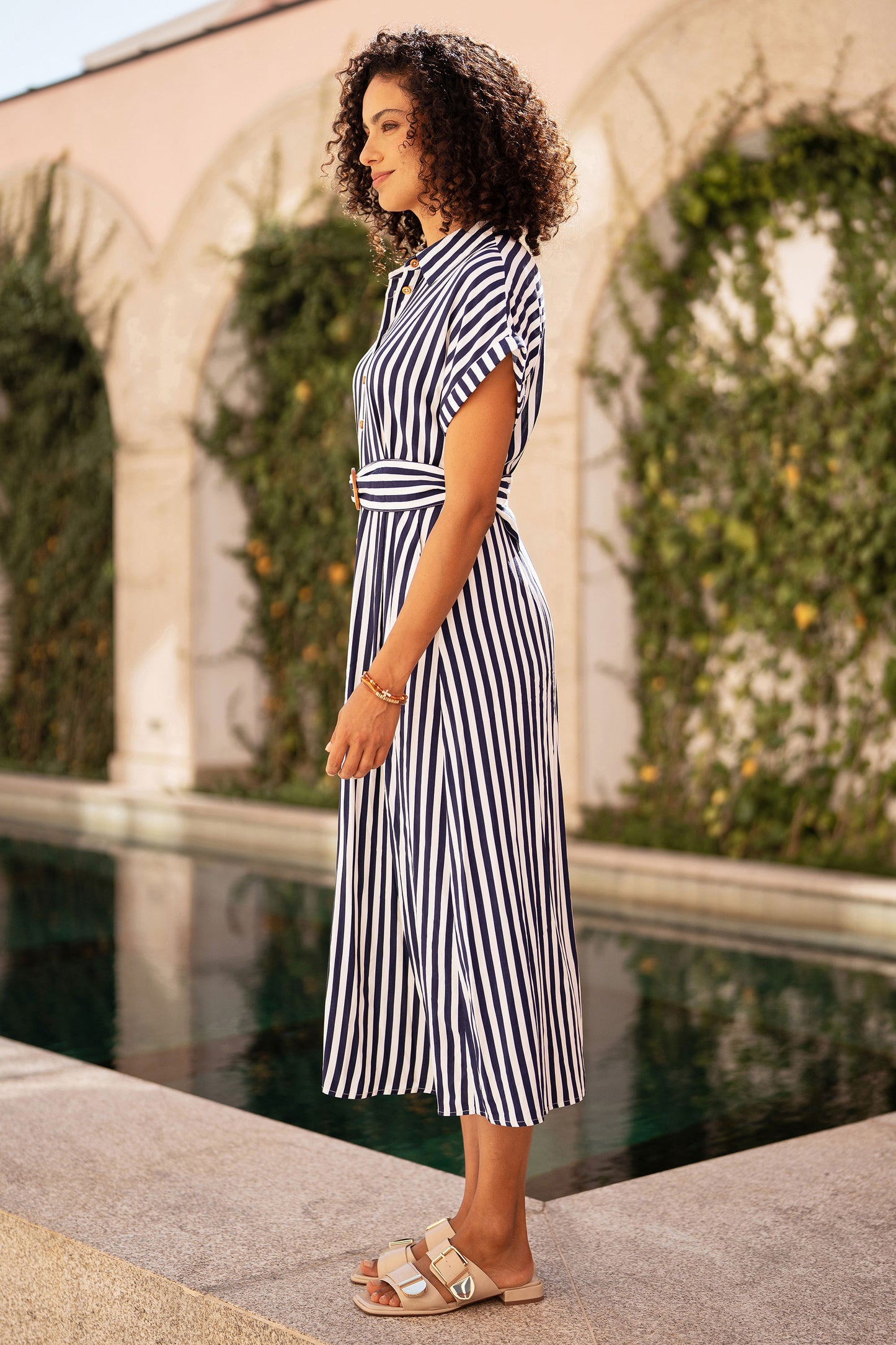 Yumi Navy Stripe Print Relaxed Midi Shirt Dress With Belt Dress Casual Yumi
