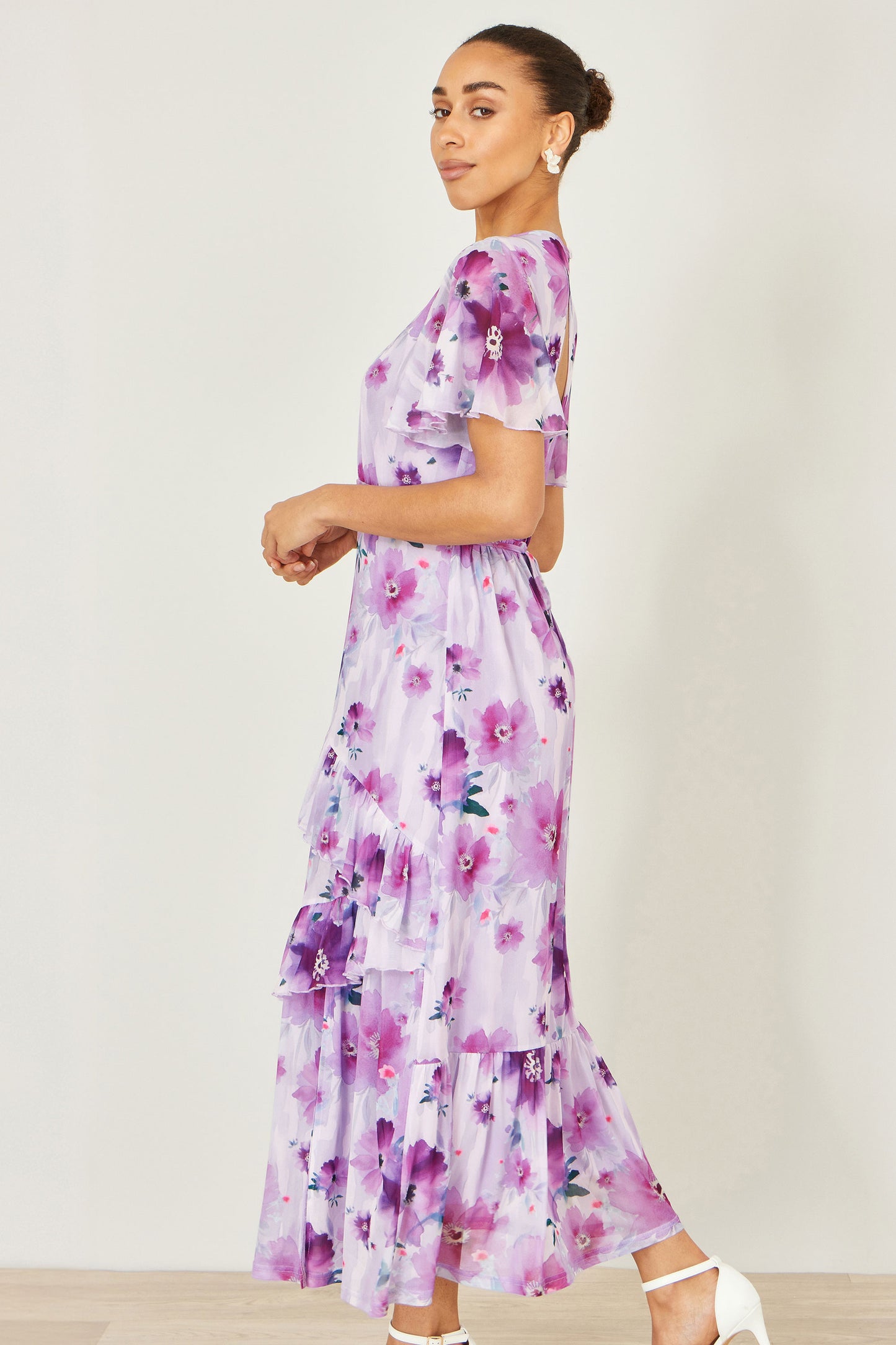 Yumi Lavender Floral Print Frill Midi Dress Dress Occasion Yumi