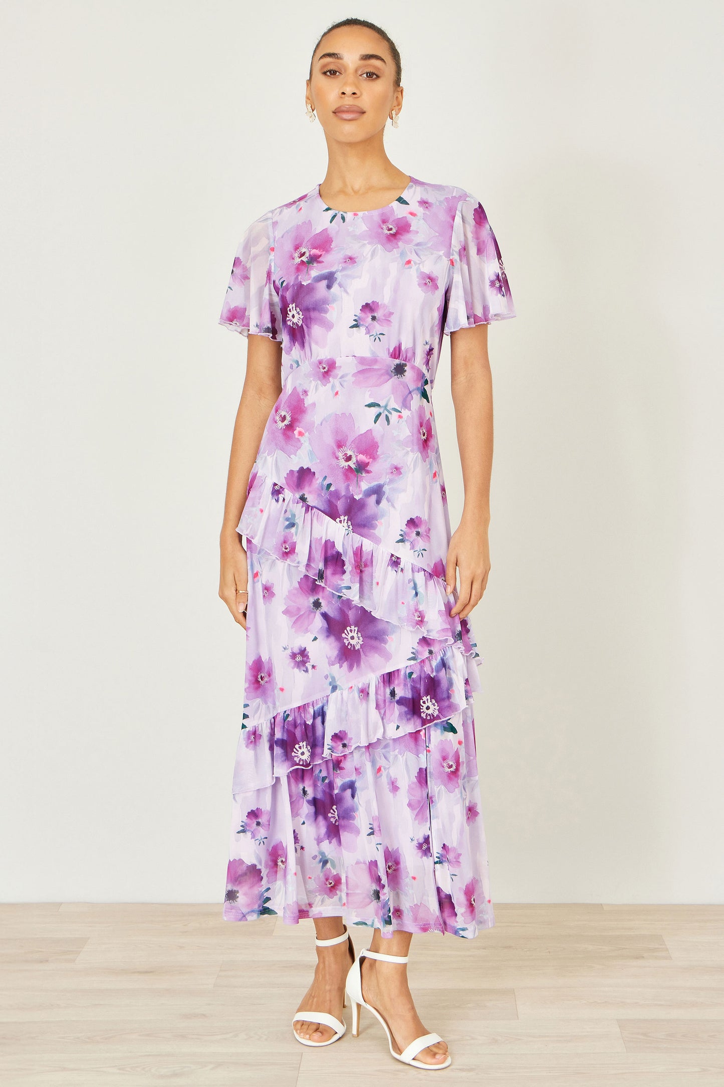 Yumi Lavender Floral Print Frill Midi Dress Dress Occasion Yumi