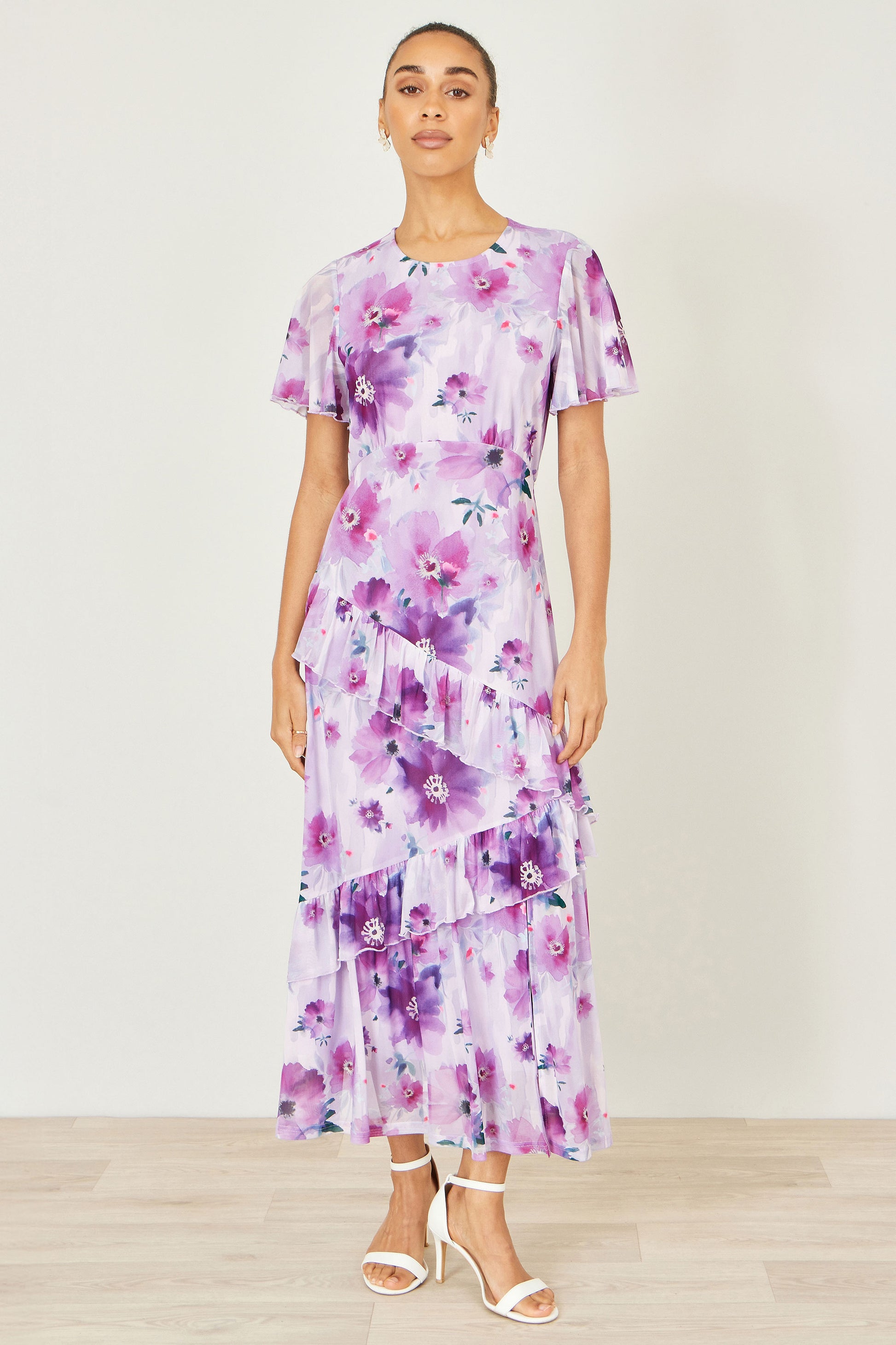 Yumi Lavender Floral Print Frill Midi Dress Dress Occasion Yumi