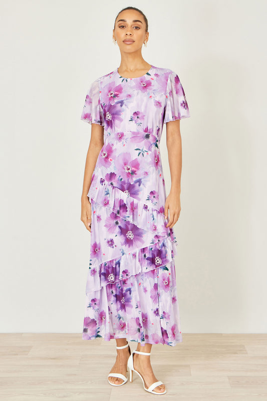 Yumi Lavender Floral Print Frill Midi Dress Dress Occasion Yumi