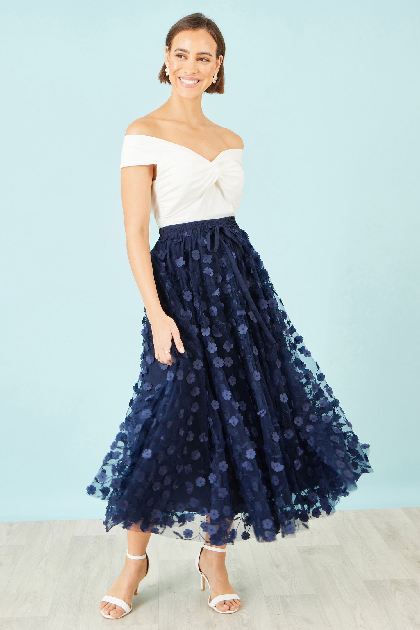 Yumi Navy Mesh Floral Applique Midi Skirt Skirts Yumi