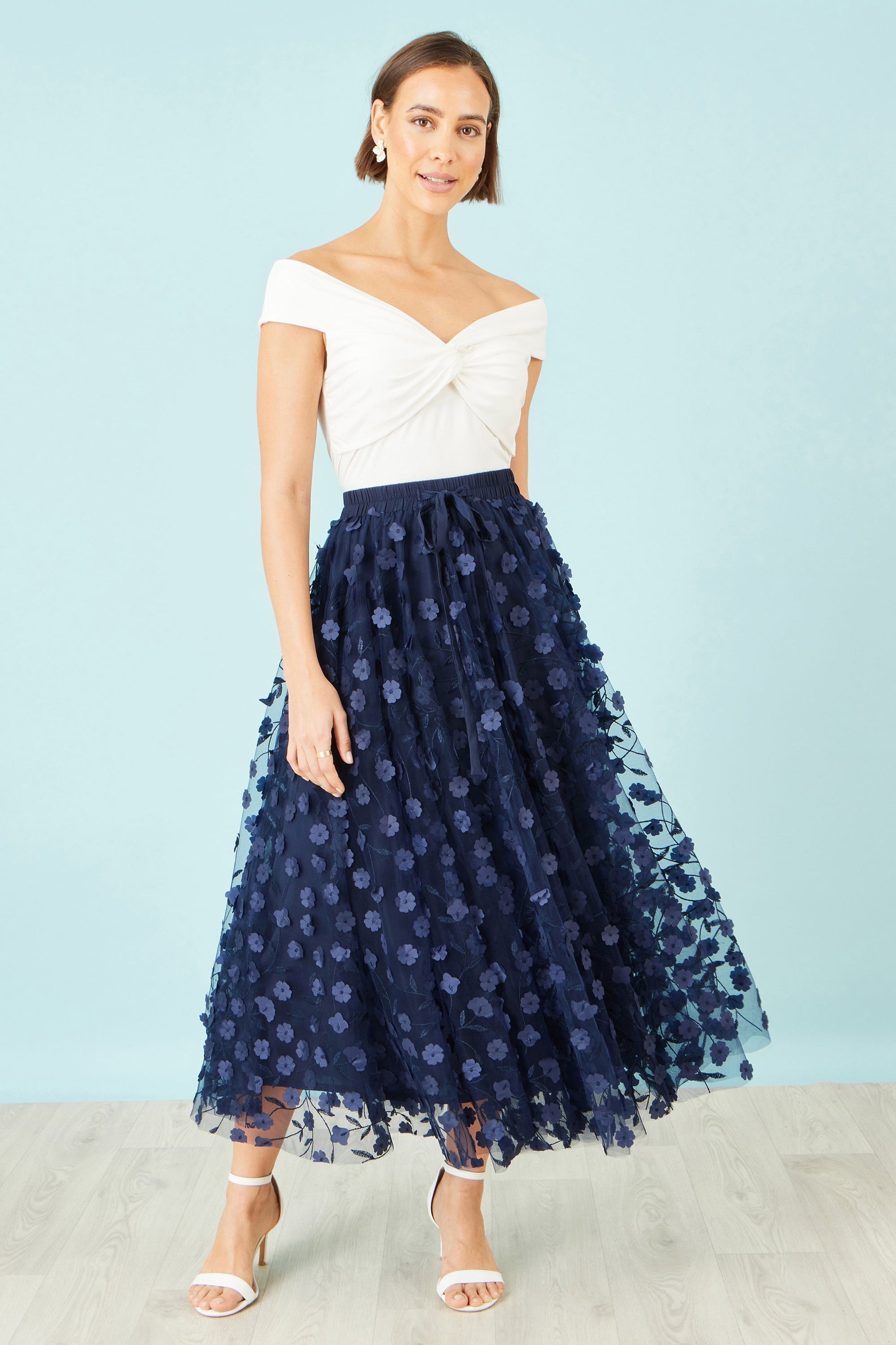 Yumi Navy Mesh Floral Applique Midi Skirt Skirts Yumi