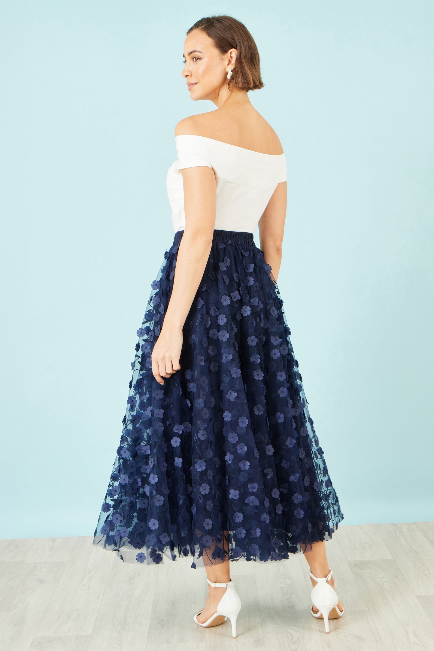 Yumi Navy Mesh Floral Applique Midi Skirt Skirts Yumi