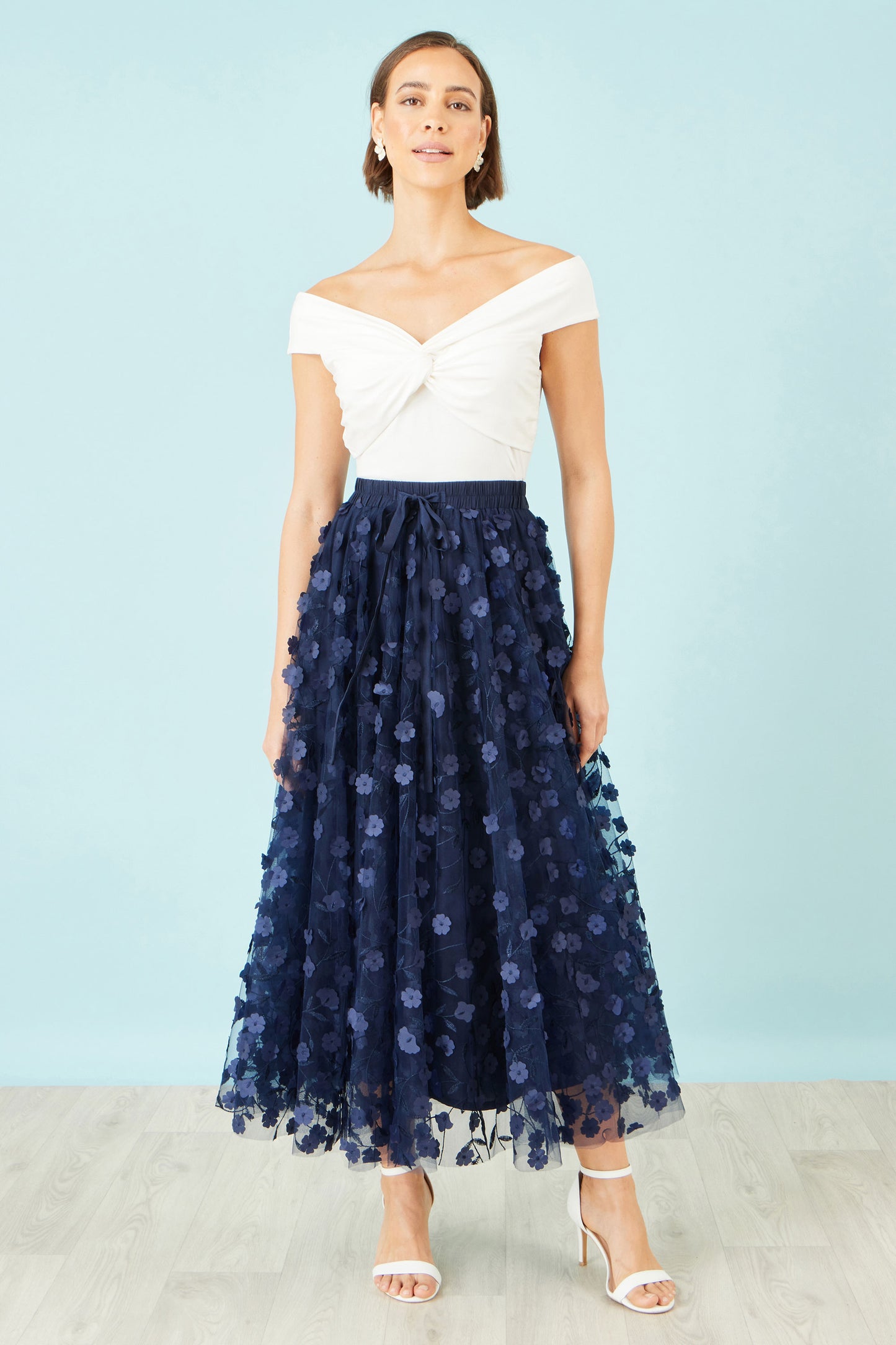 Yumi Navy Mesh Floral Applique Midi Skirt Skirts Yumi