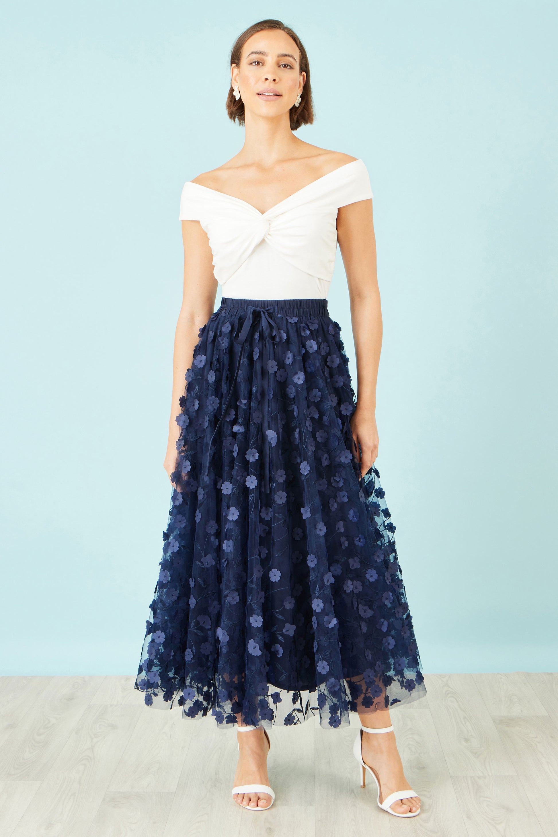 Yumi Navy Mesh Floral Applique Midi Skirt Skirts Yumi