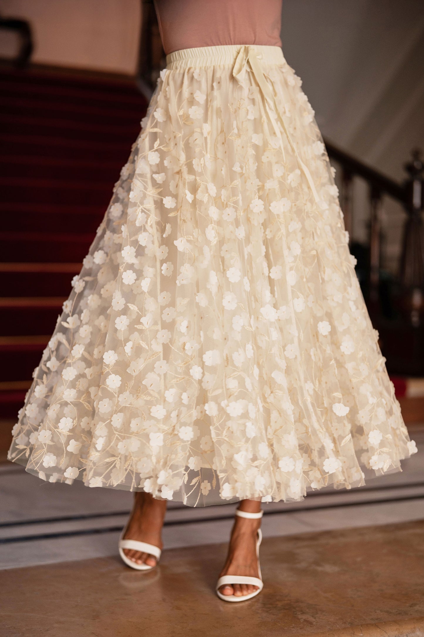 Yumi Ivory Mesh Floral Applique Midi Skirt Skirts Yumi