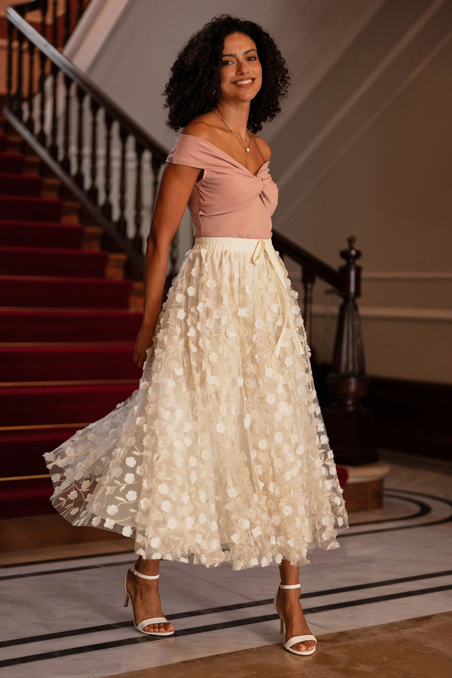 Yumi Ivory Mesh Floral Applique Midi Skirt Skirts Yumi