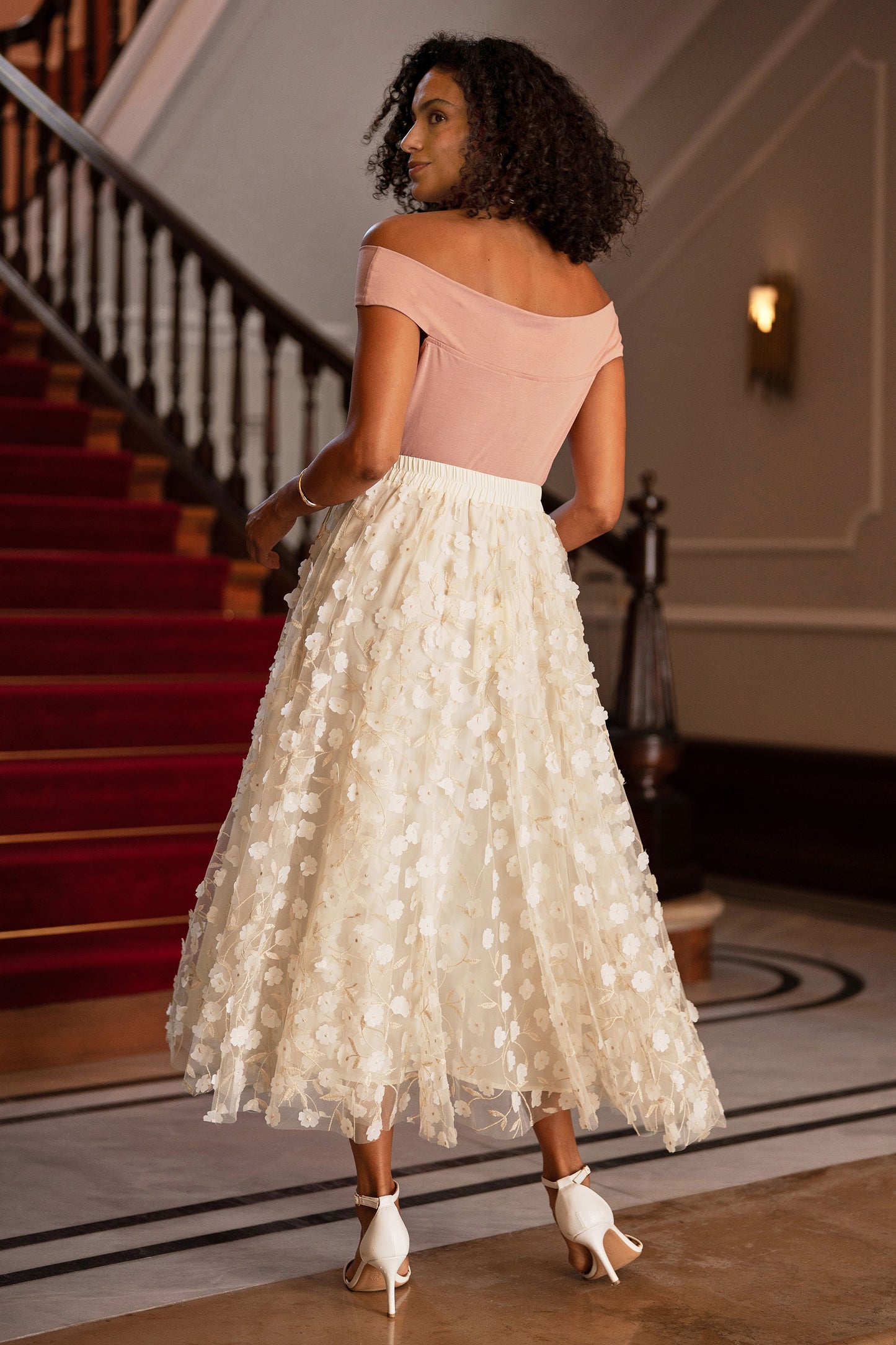 Yumi Ivory Mesh Floral Applique Midi Skirt Skirts Yumi