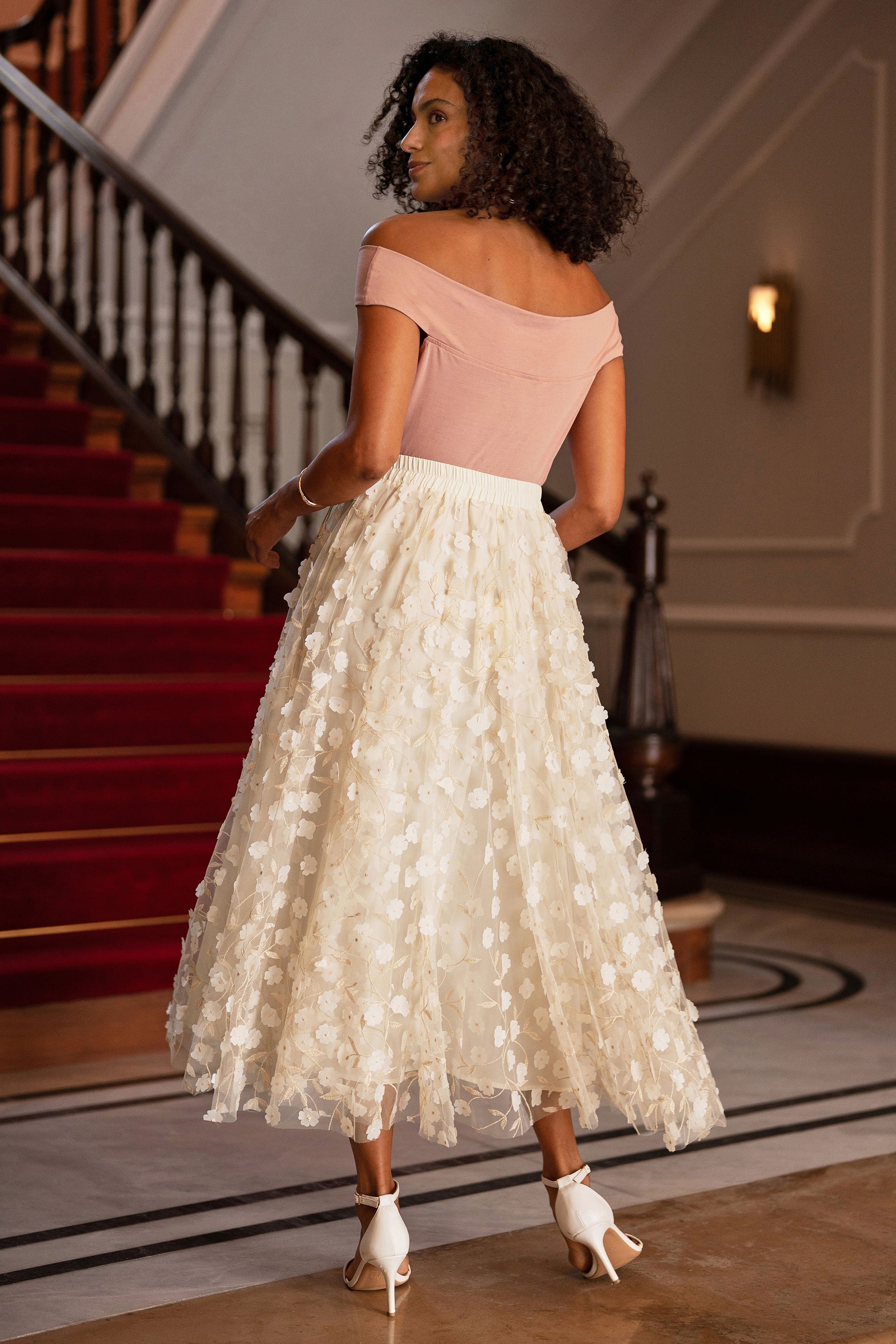 Yumi Ivory Mesh Floral Applique Midi Skirt Skirts Yumi