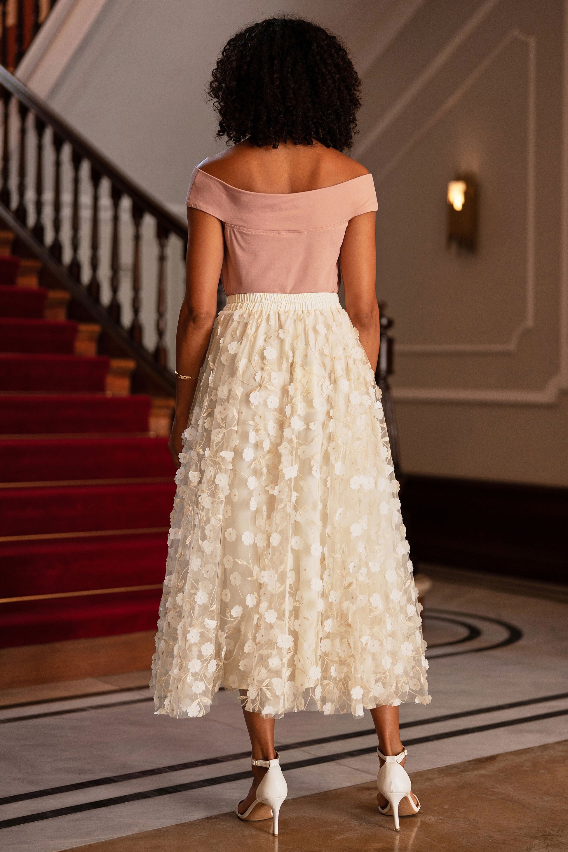 Yumi Ivory Mesh Floral Applique Midi Skirt Skirts Yumi