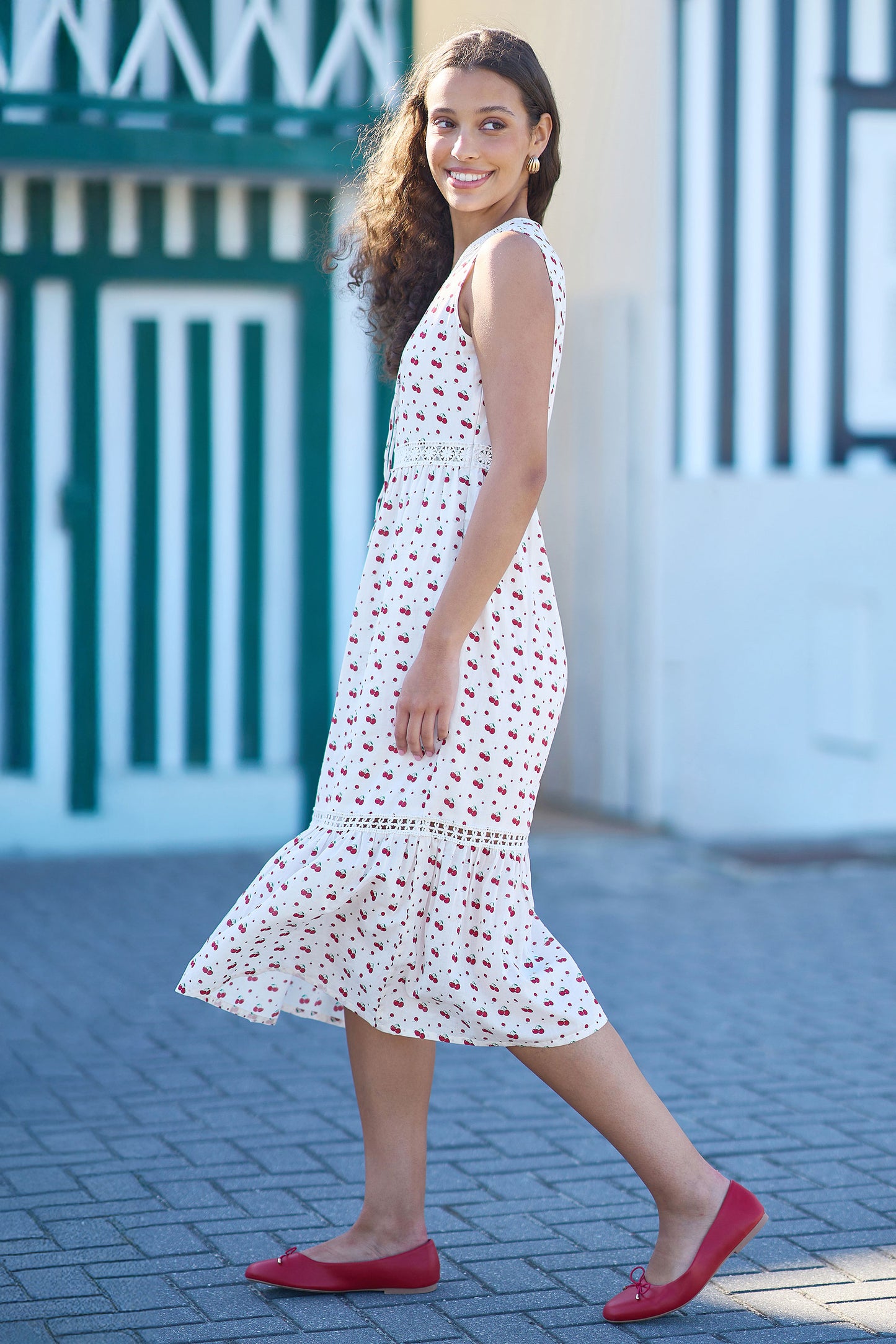 Yumi White Cherry Print Lace Trim Cotton Midi Dress Dress Casual Yumi