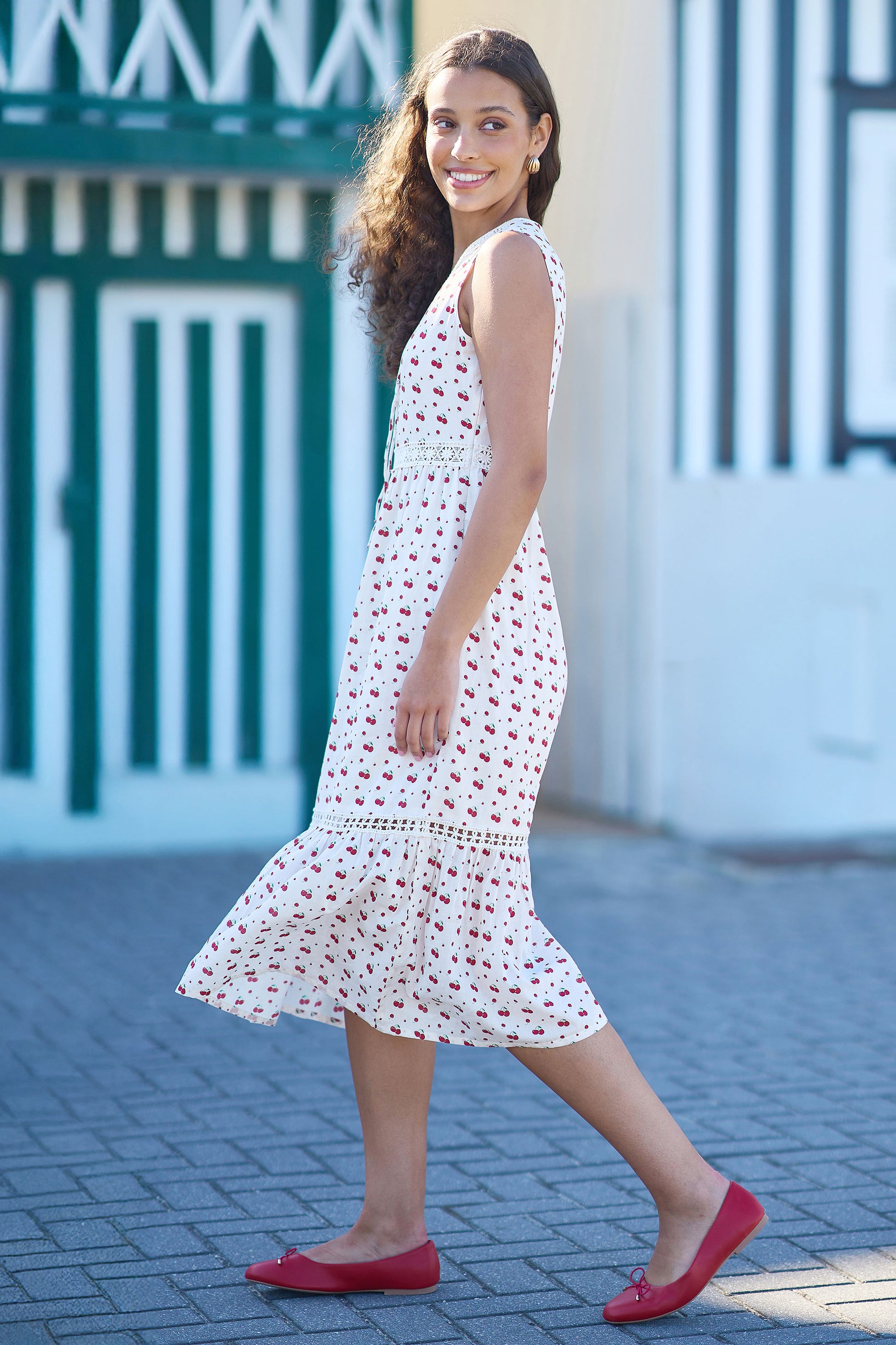 Yumi White Cherry Print Lace Trim Cotton Midi Dress Dress Casual Yumi