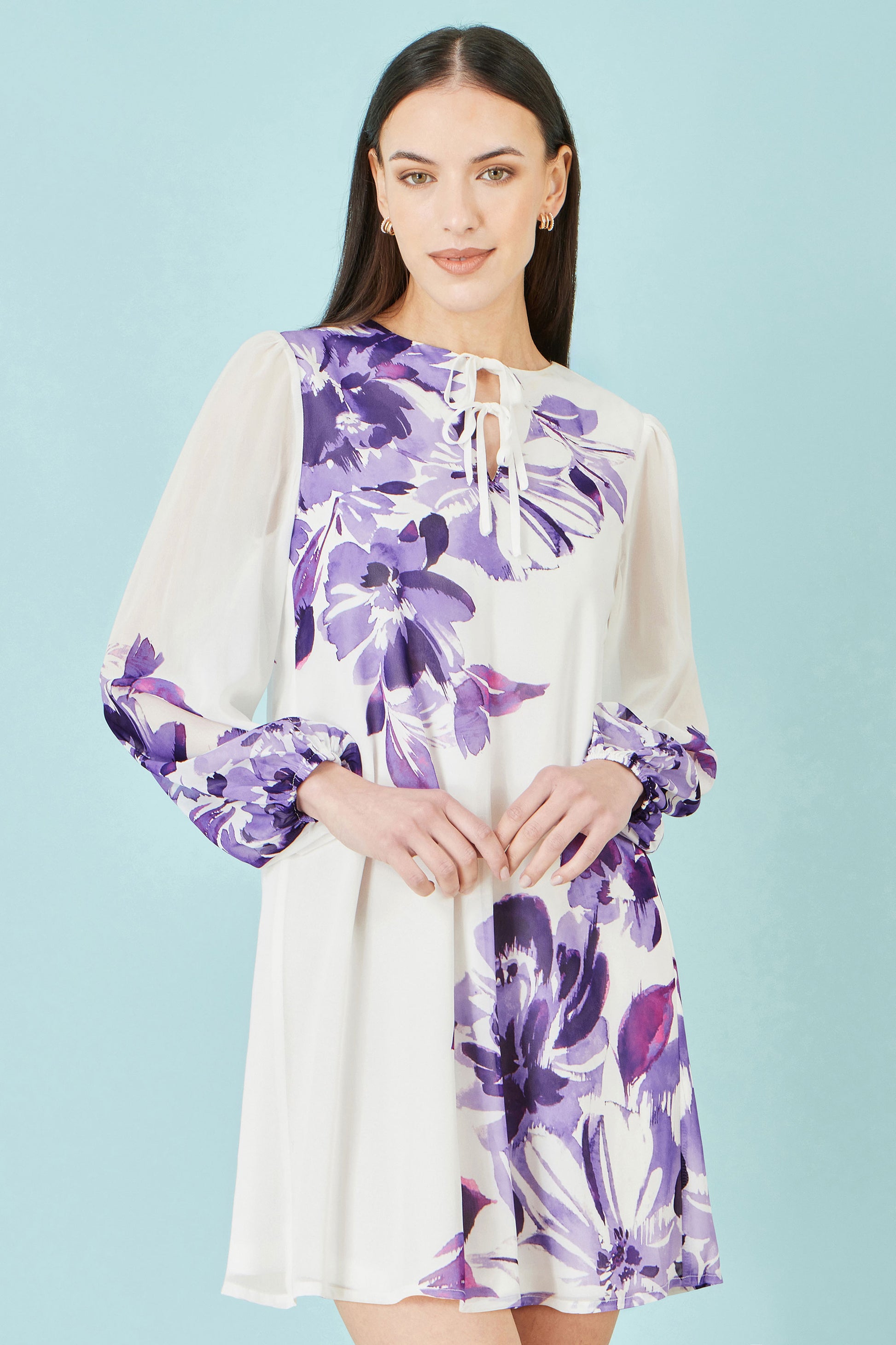 Yumi White Floral Placement Tunic With Keyhole Neckline Dress Occasion Yumi