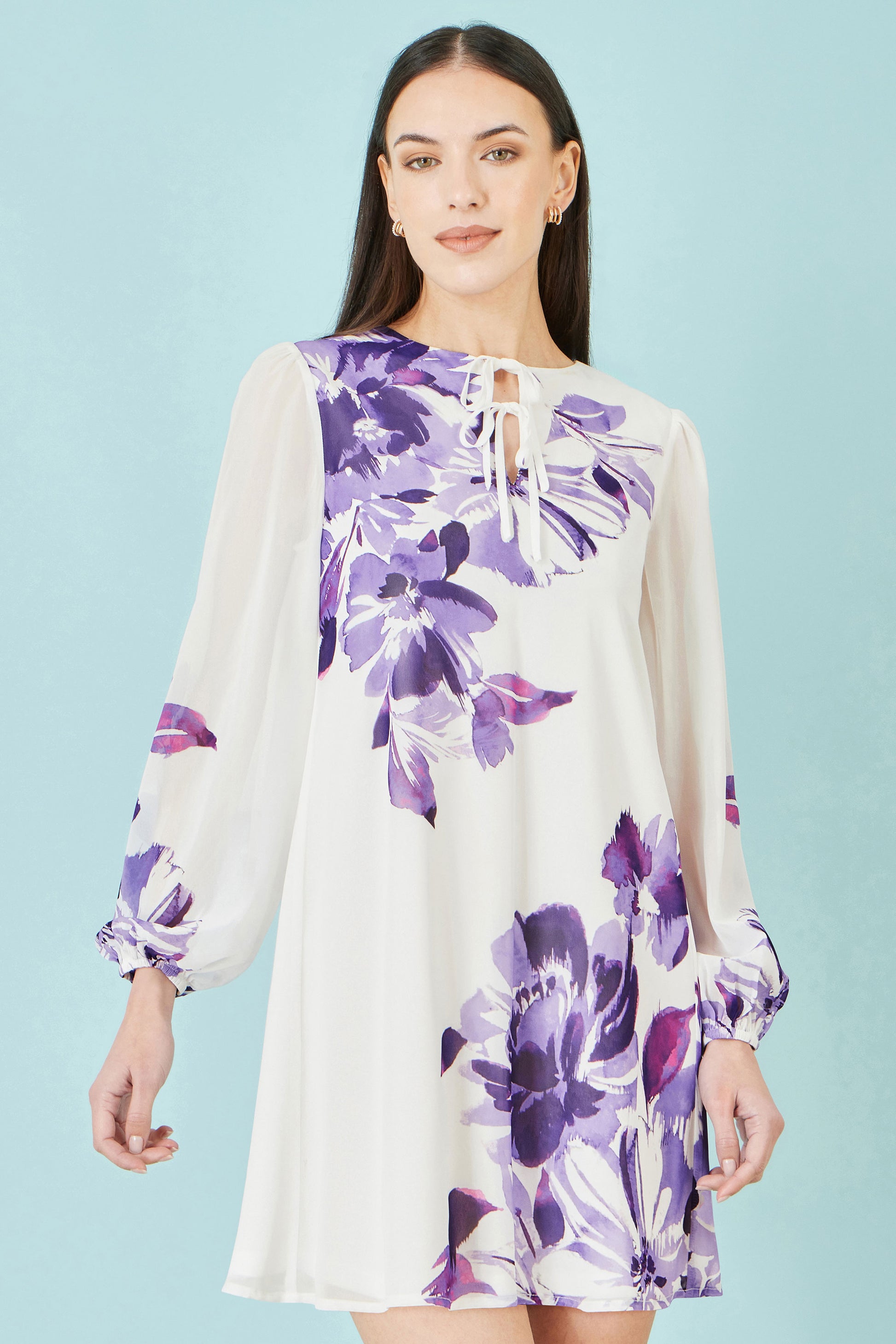 Yumi White Floral Placement Tunic With Keyhole Neckline Dress Occasion Yumi