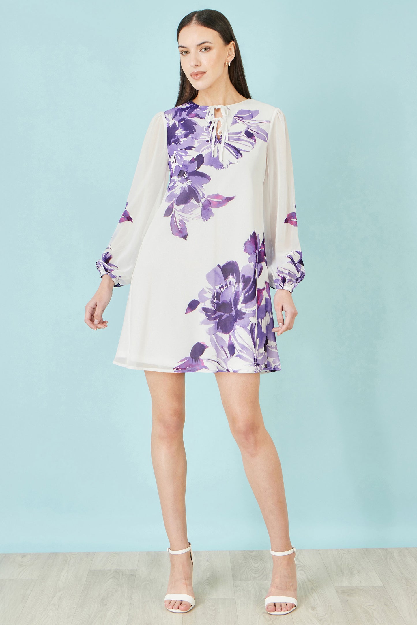 Yumi White Floral Placement Tunic With Keyhole Neckline Dress Occasion Yumi
