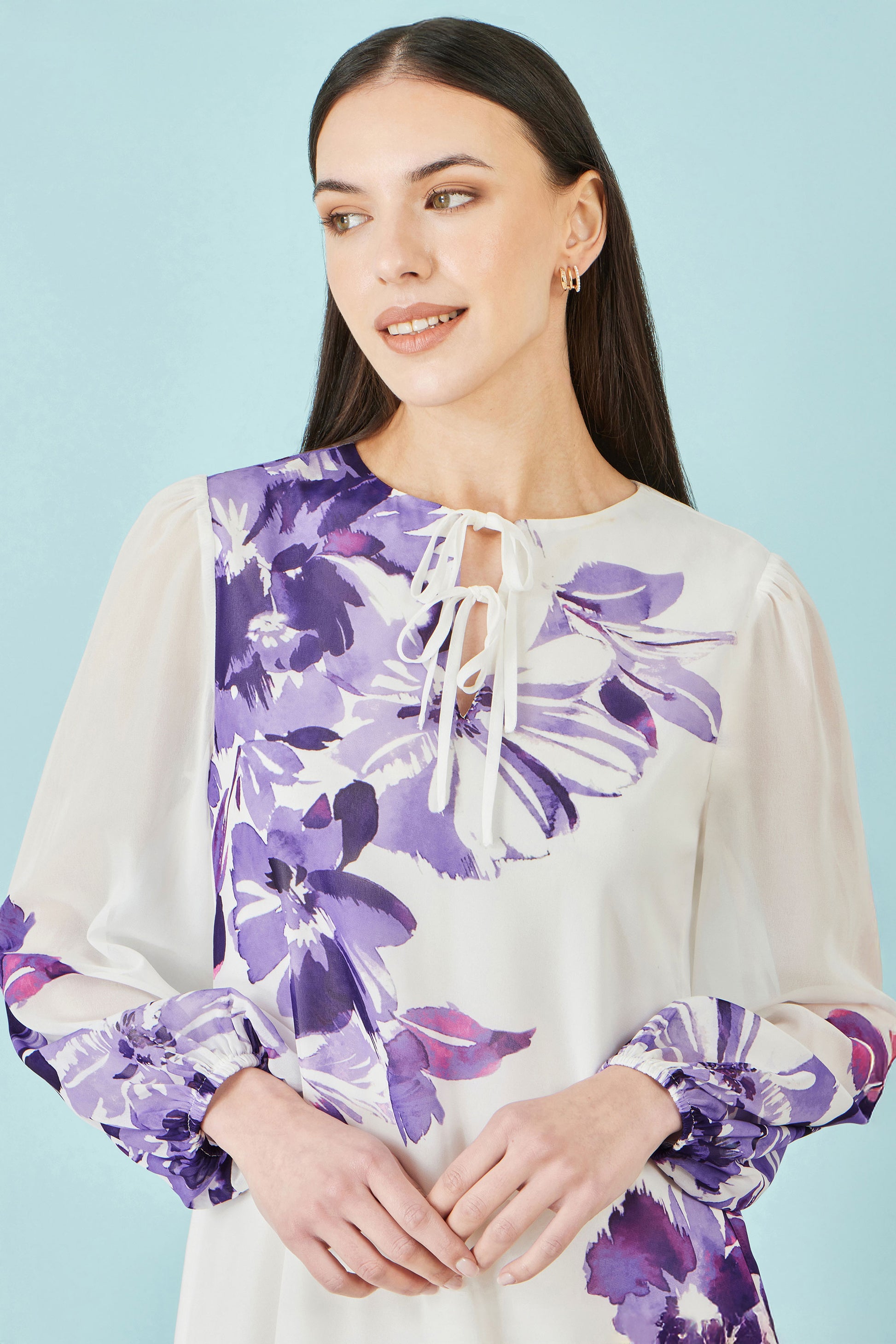 Yumi White Floral Placement Tunic With Keyhole Neckline Dress Occasion Yumi