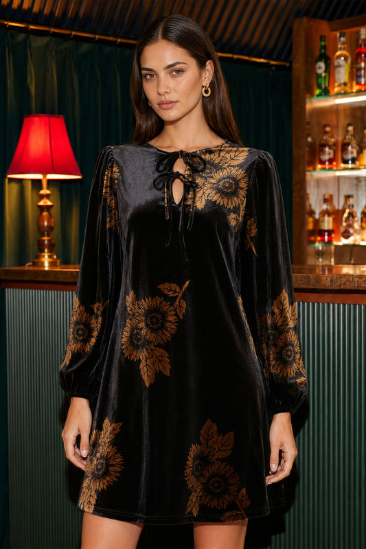 Yumi Black Velvet Sunflower Print Tunic Dress Party Yumi