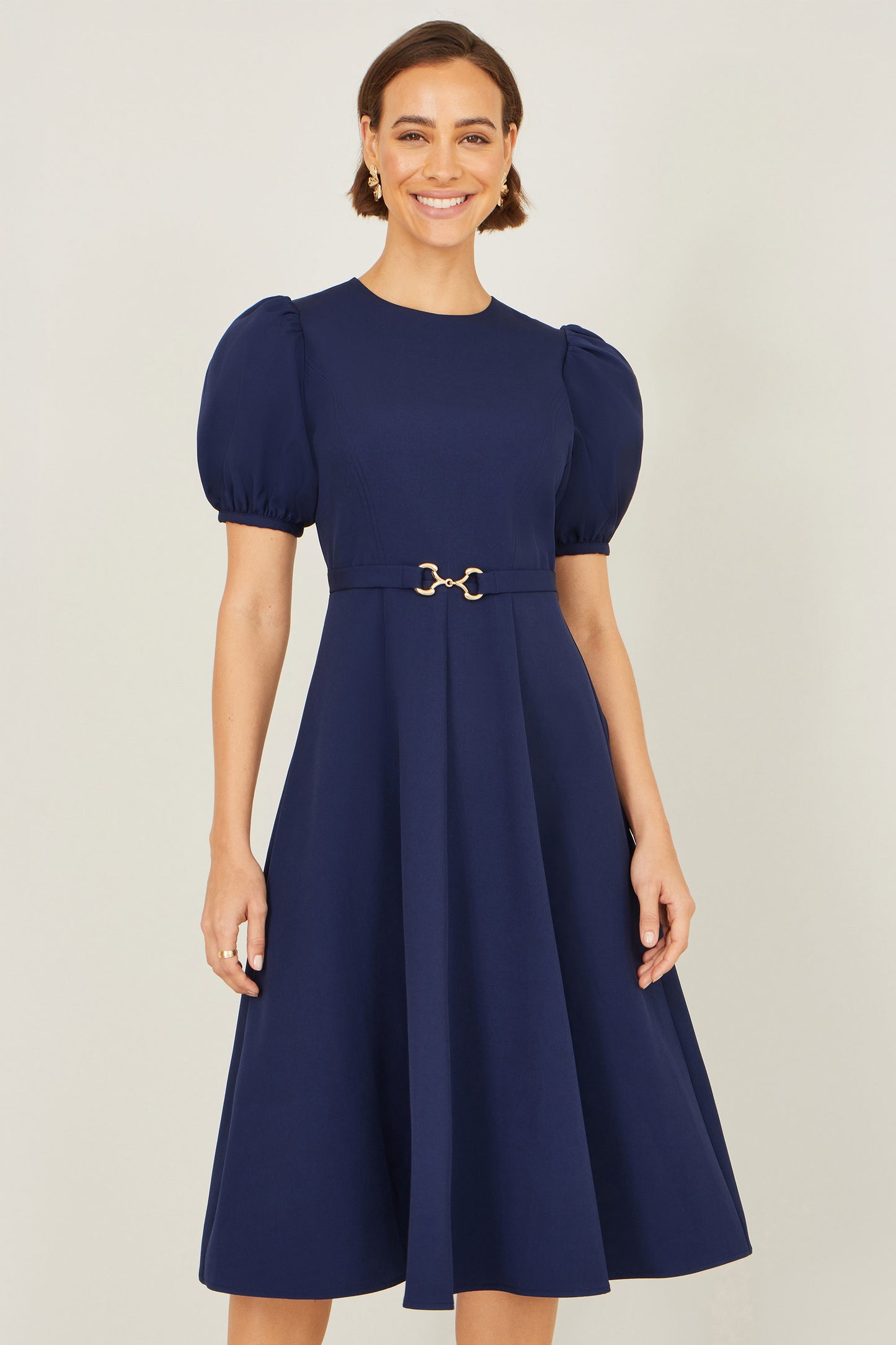 Yumi Navy Skater Dress With Puff Sleeves And Buckle Detail Dress Occasion Yumi